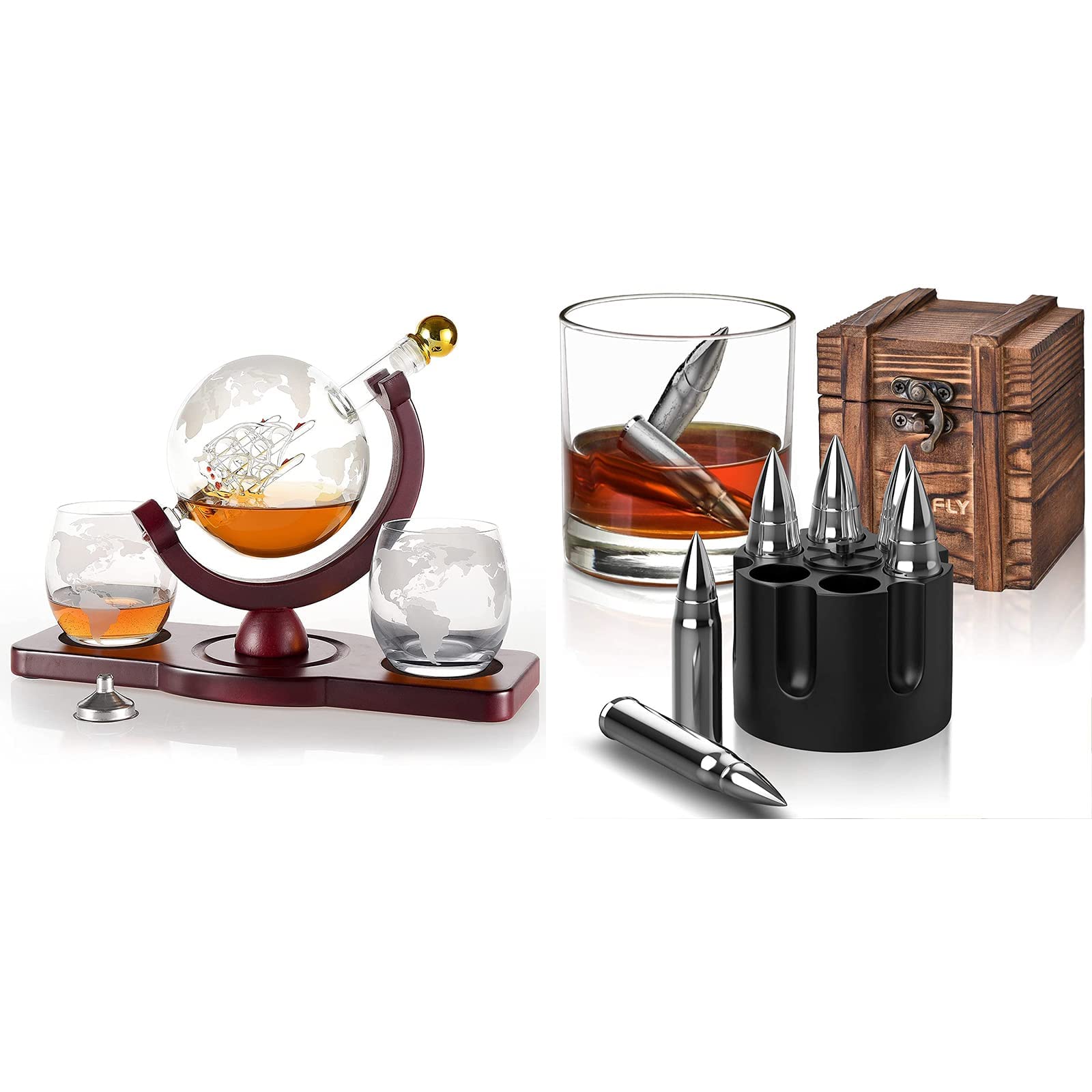Premium Whiskey Decanter Set with 2 Etched Globe Glasses & Whiskey Stones - Unique Gifts for Men, Christmas Stocking Stuffers for Dad, Man Cave Accessories - Perfect for Bourbon & Liquor Enthusiasts, Home Bars & Special Occasions