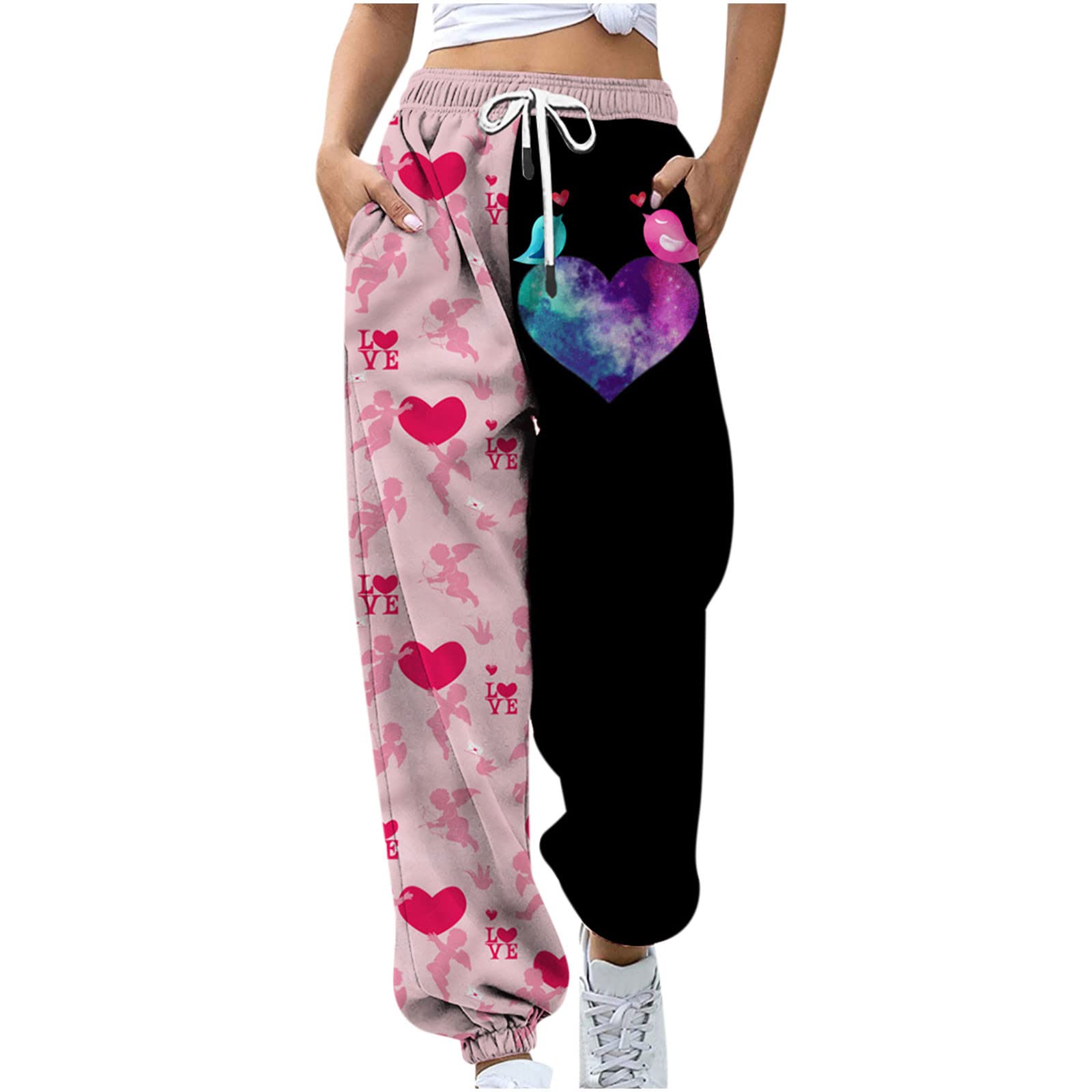 2024 Trendy Women's High Waist Sweatpants - Love Heart Print Joggers with Elastic Waistband, Wide Leg Lounge Pants with Pockets for Work, Casual & Home Comfort (Perfect for Yoga, Running Errands & Relaxing)
