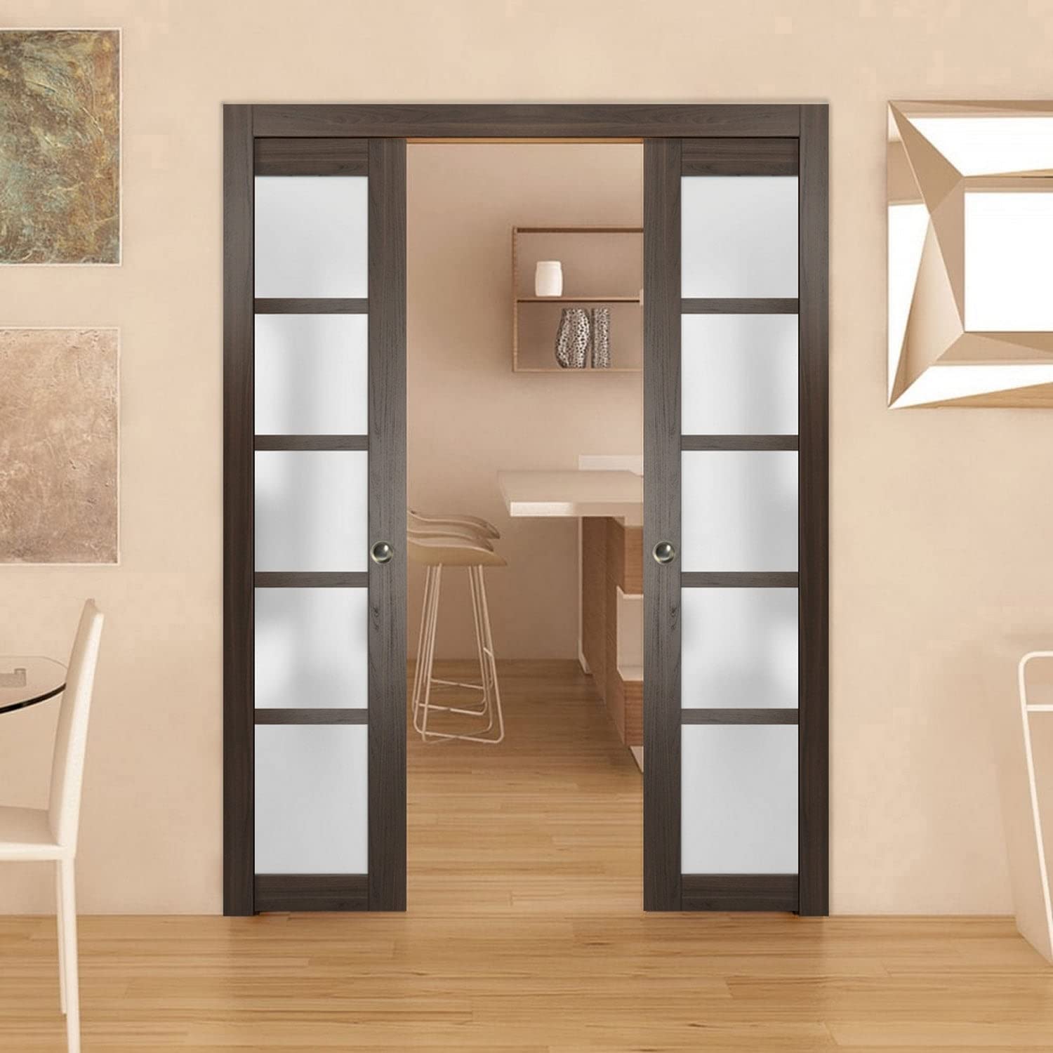 SARTODOORS 30x96 Inch Frosted Glass Slab Barn Door Panel - Quadro 4002 Chocolate Ash Finish | Heavy Duty Solid Wood Sliding Door for Bedroom, Closet & Room Divider | Rustic Modern Interior Design