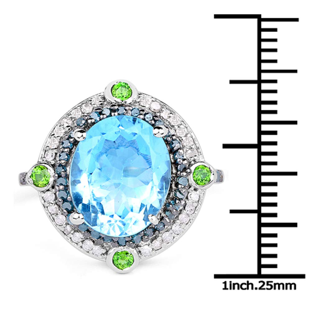 Genuine Swiss Blue Topaz & Chrome Diopside Sterling Silver Ring with Blue Diamonds - Size 9.00 - Elegant Wedding, Anniversary & Evening Party Jewelry Gift for Women