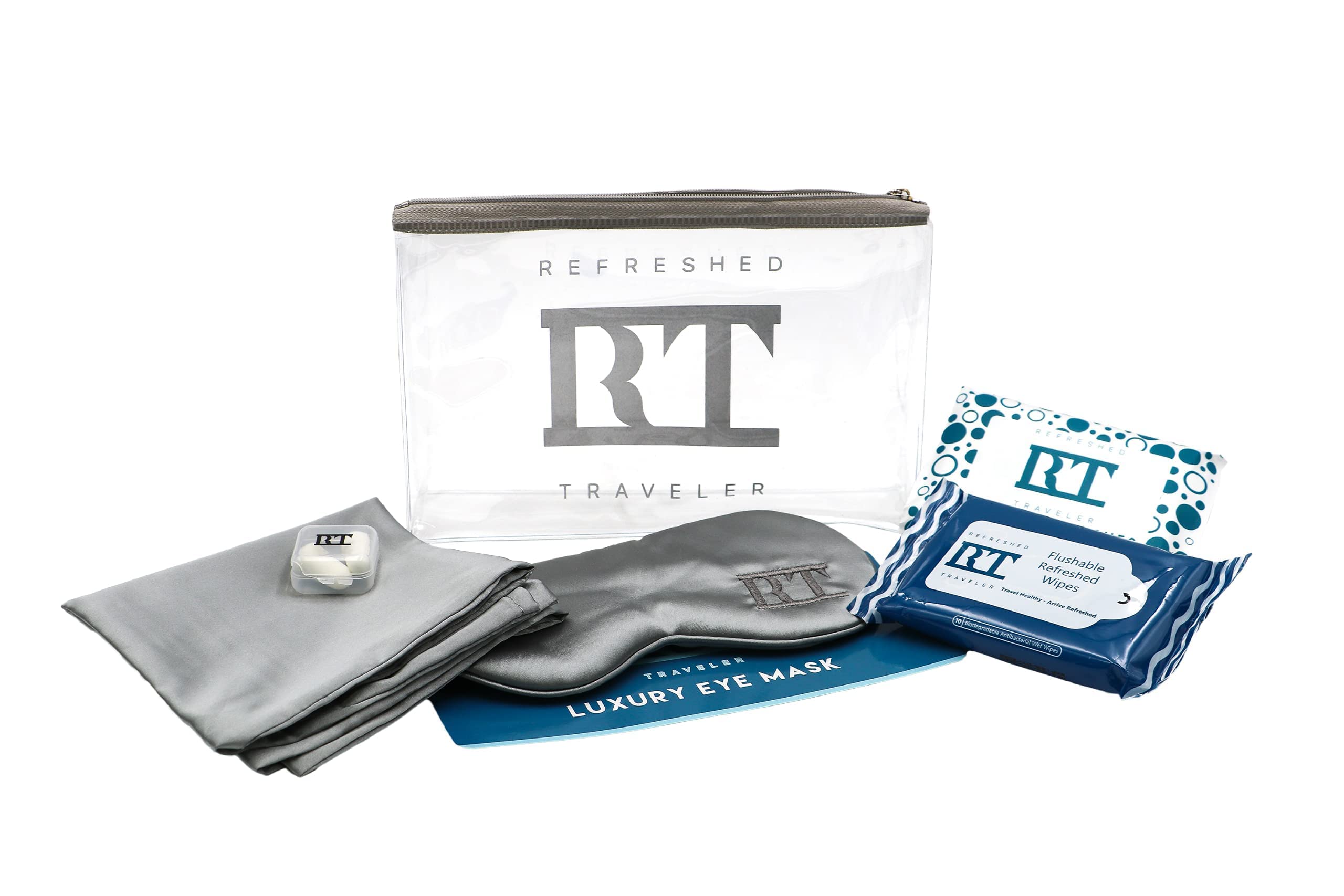 First Class Travel Kit - TSA Approved Satin Eye Mask, Travel Pillowcase, Ear Plugs & Antibacterial Wipes for International Flights | Essential Overnight Flight Accessories for Comfortable Travel | Perfect for Business Trips, Vacations & Long-Haul Journeys