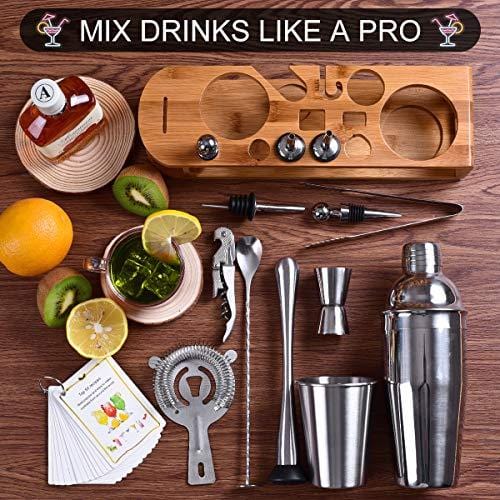 Premium 26-Piece Stainless Steel Cocktail Shaker Set with Bamboo Stand - Complete Bartender Kit for Home Bars, Parties & Mixology - Includes All Essential Bar Accessories (Silver) - Perfect for Home Entertaining, Professional Bartending & Cocktail Making