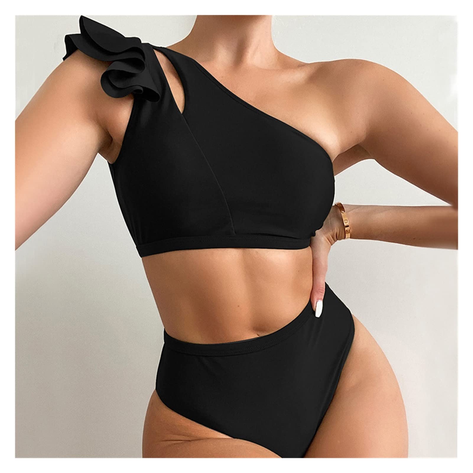 Sexy Black One Shoulder Bikini Set for Women - Cut Out Swimwear Bathing Suits | Perfect for Beach Vacations, Pool Parties & Summer Getaways