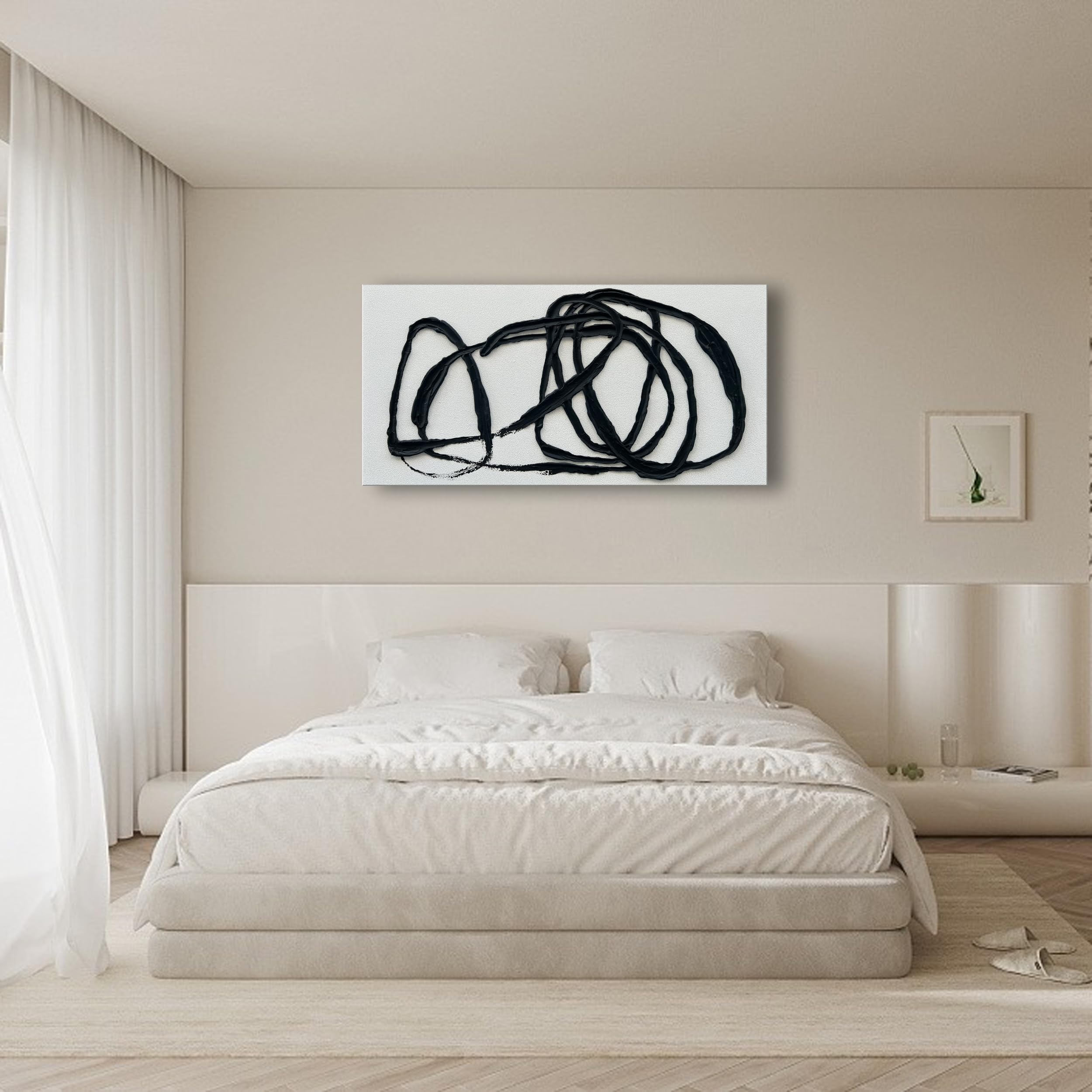 Contemporary Minimalist Black and White Abstract Oil Painting - Modern Texture Wall Art 24x48 Inches - Perfect for Living Room, Bedroom & Office Decor