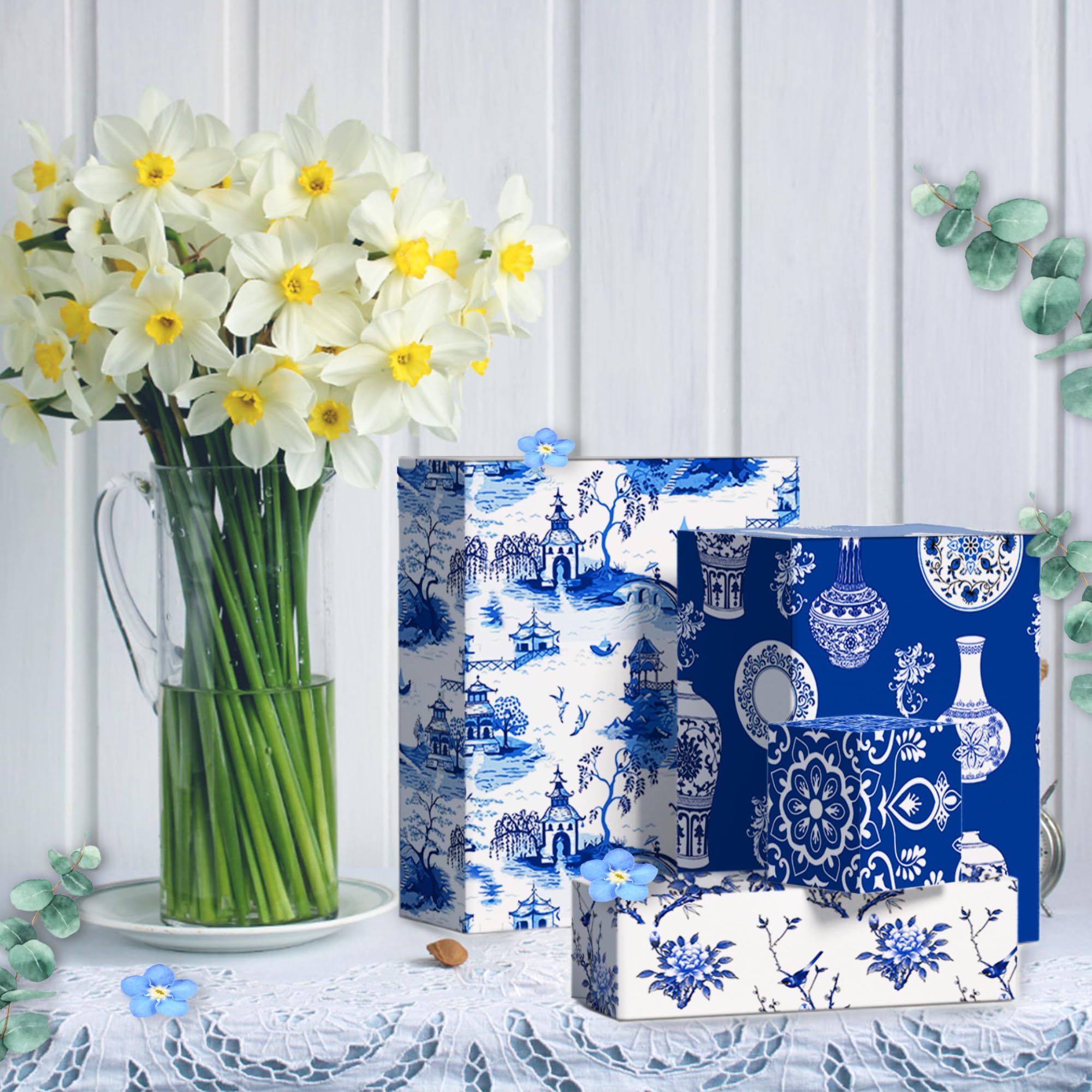 Bolsome 12 Sheets 27x20 Inch Blue White Peony Porcelain Chinoiserie Wrapping Paper - Oriental Aesthetic Gift Wrap for Birthday, Wedding, Bridal Shower, DIY Crafts | Perfect for Gift Packaging, Scrapbooking, and Home Decor