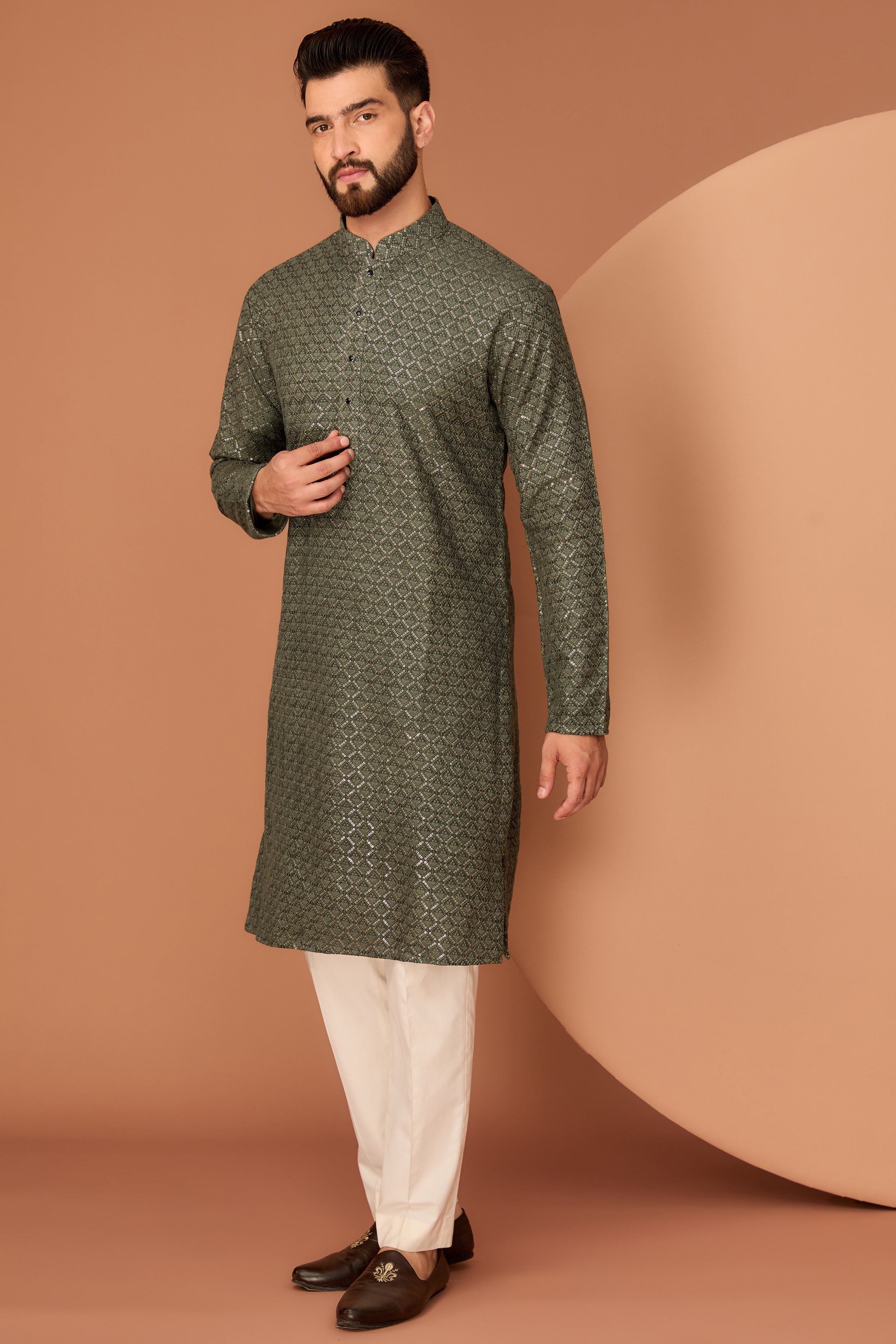 Stylish Military Green Embroidered Kurta for Men - Geometric Design Ethnic Wear - Perfect for Festivals, Weddings & Casual Outings