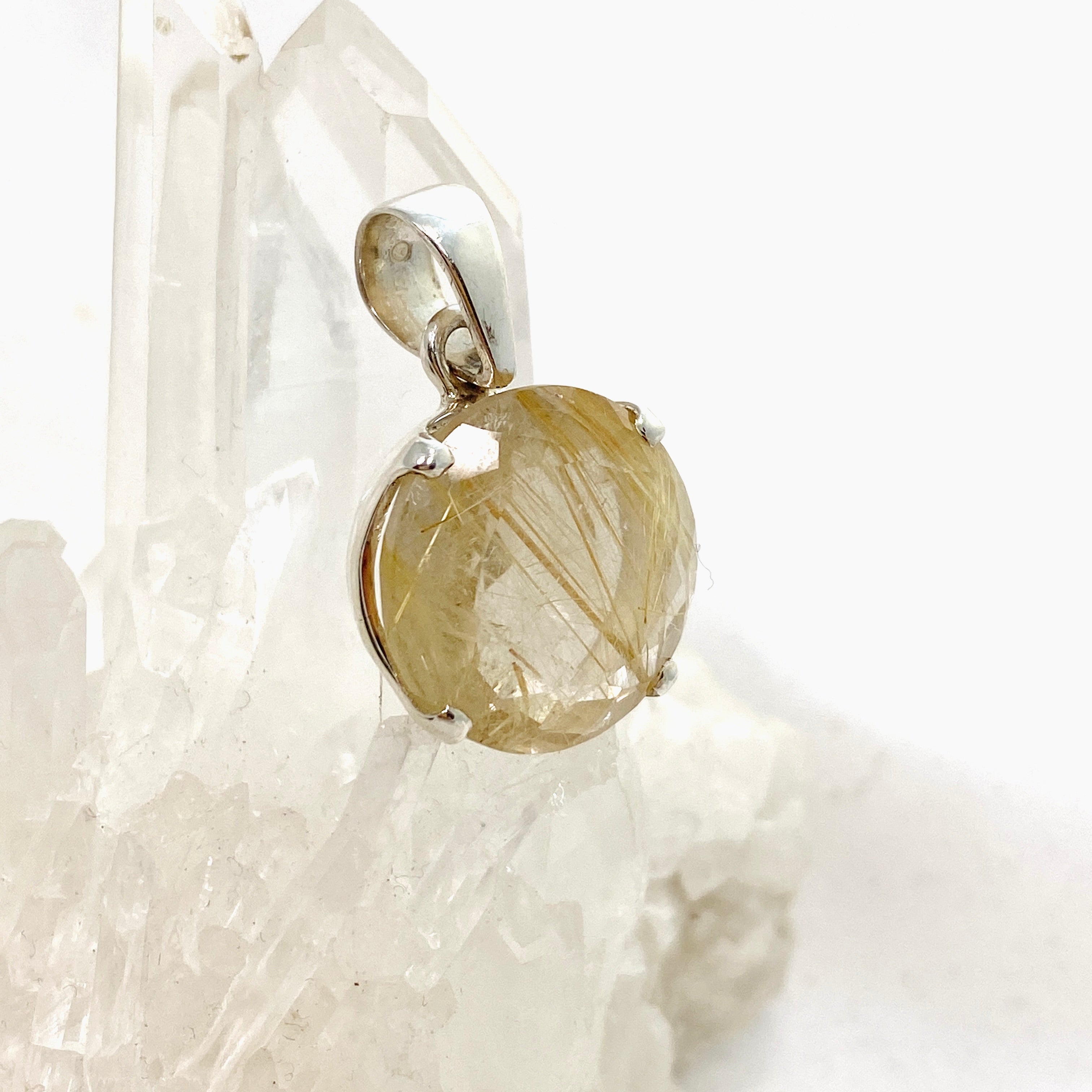 Natural Rutilated Quartz Round Faceted Pendant Necklace PPGJ840 - Elegant Jewelry for Women, Perfect for Everyday Wear & Special Occasions