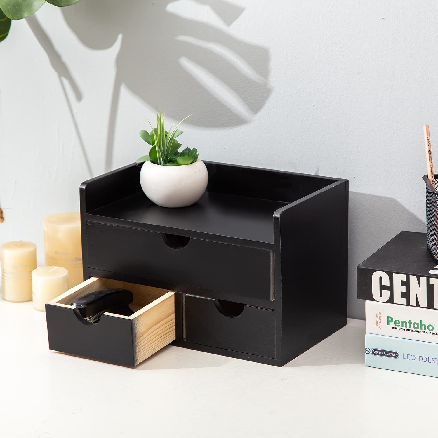 Black Bamboo Desk Organizer with 3 Drawers & Shelf - Wooden Storage Cabinet for Home Office, Workspace & Bathroom - Perfect for Organizing Toiletries, Makeup, Stationery & Vanity Supplies (Ideal for Desk, Countertop & Vanity Organization)