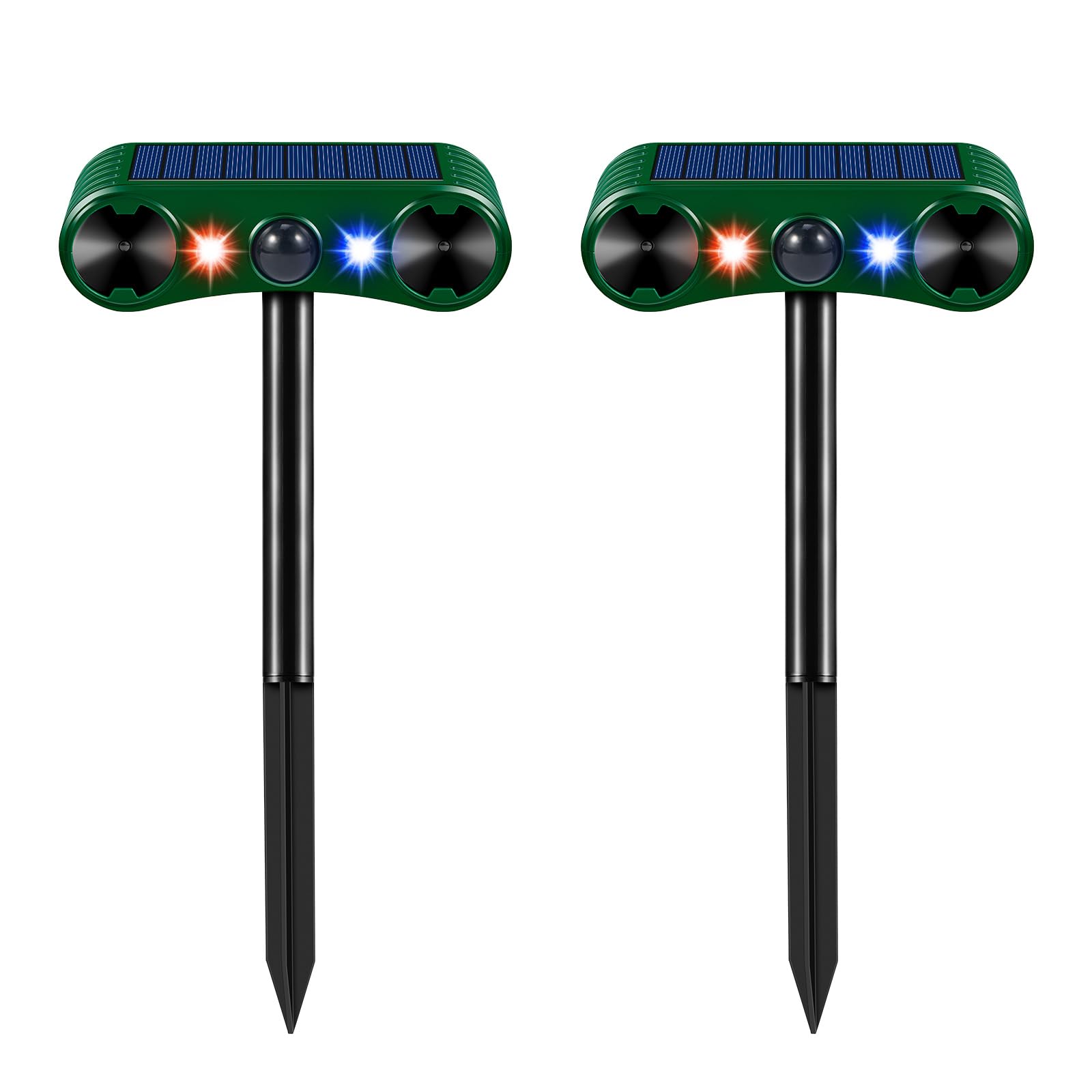 2 Pack Solar Ultrasonic Animal Repellent - 2024 Upgraded Motion Activated Pest Deterrent with Red/Blue LED Lights & Siren - Effective for Cats, Coyotes, Squirrels, Deer, Dogs, Birds & Skunks - Ideal for Yard, Chicken Coop, Lawn & Garden Protection