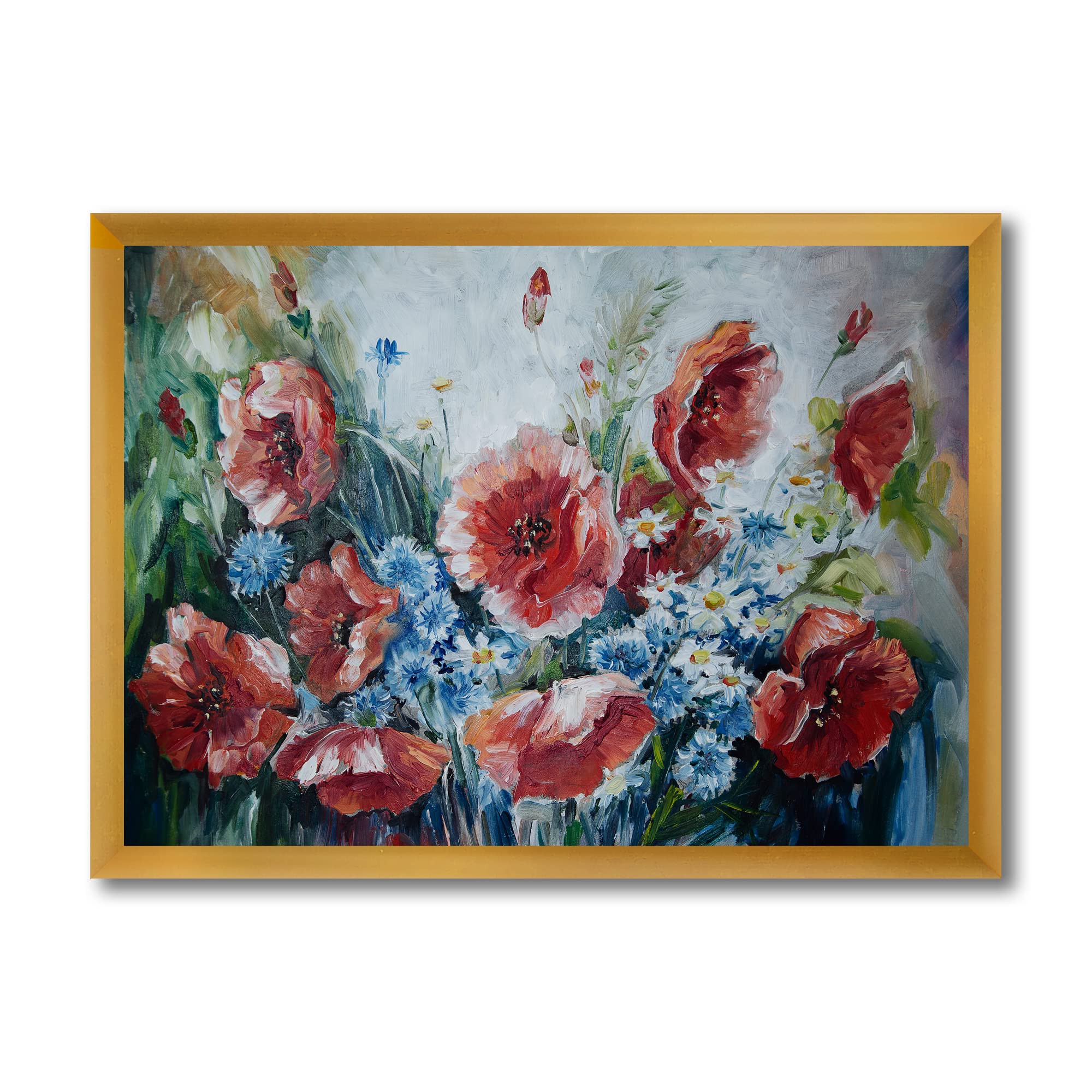 Vintage Poppies Floral Wall Art - Traditional Framed Canvas Painting for Living Room, Bedroom & Office Decor