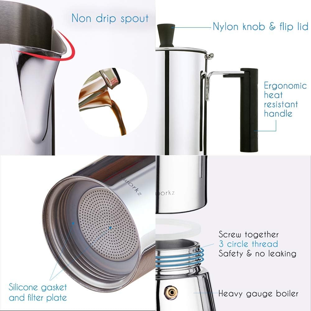 Easyworkz Pedro 4-Cup Stovetop Espresso Maker - 200ml Stainless Steel Italian Moka Pot for Induction & Gas Stoves - Perfect for Home, Office & Camping Coffee Brewing
