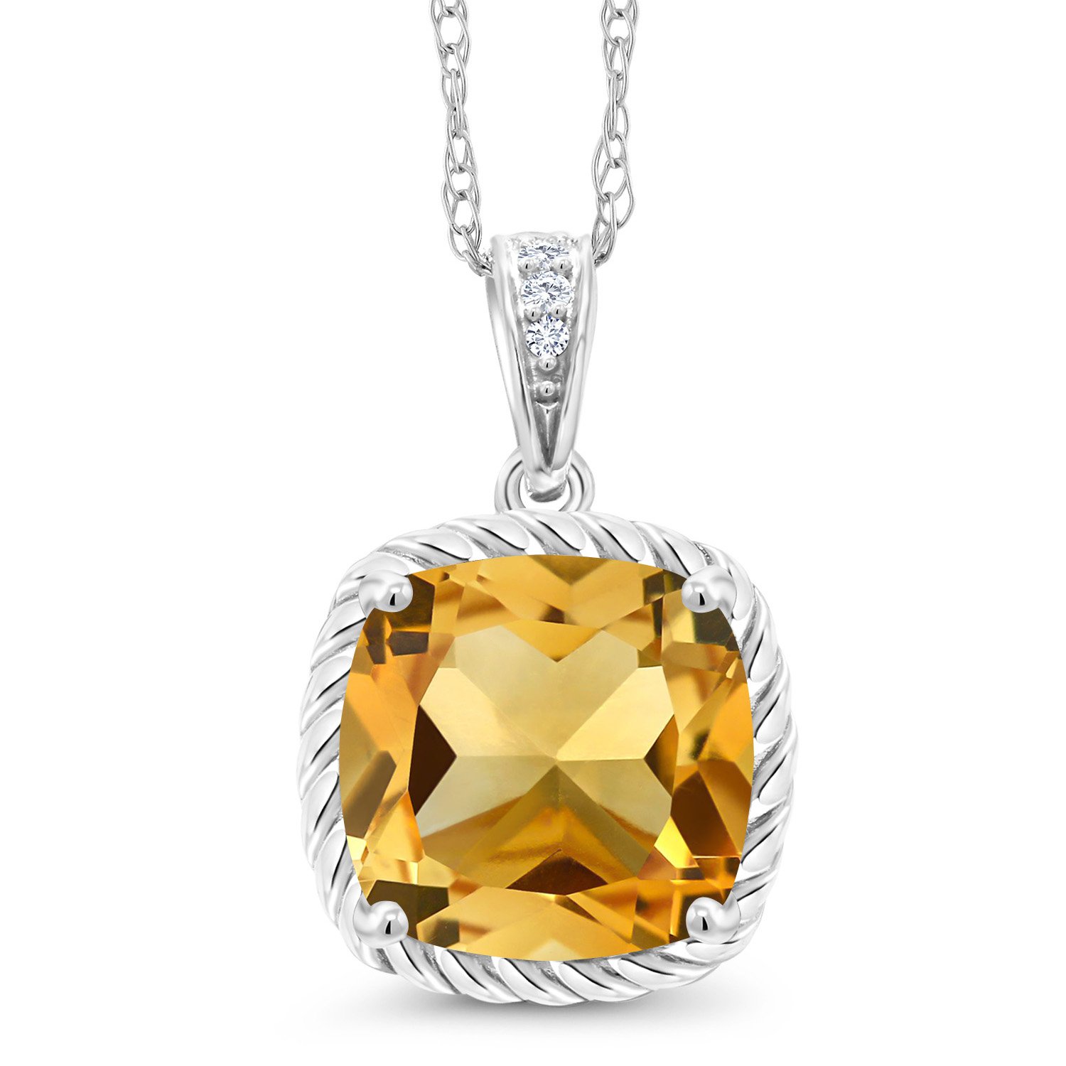 10K White Gold Cushion 8MM Gemstone Birthstone & Diamond Pendant Necklace for Women | 18 Inch Silver Chain | Elegant Gift for Birthday, Anniversary & Special Occasions
