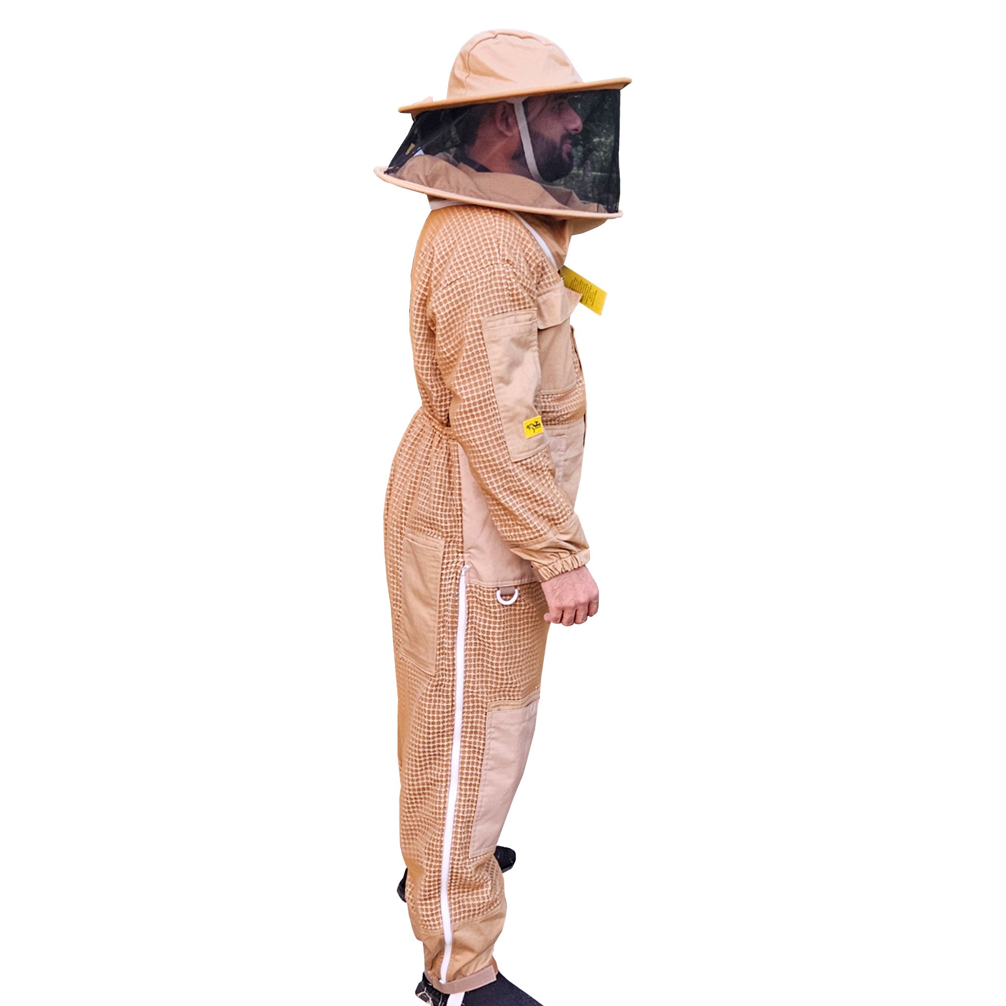 Khaki 3-Layer Mesh Ventilated Beekeeping Suit with Round Brim Hat - Full Body Protection for Beekeepers - Ideal for Honey Harvesting, Hive Inspection & Outdoor Beekeeping Activities