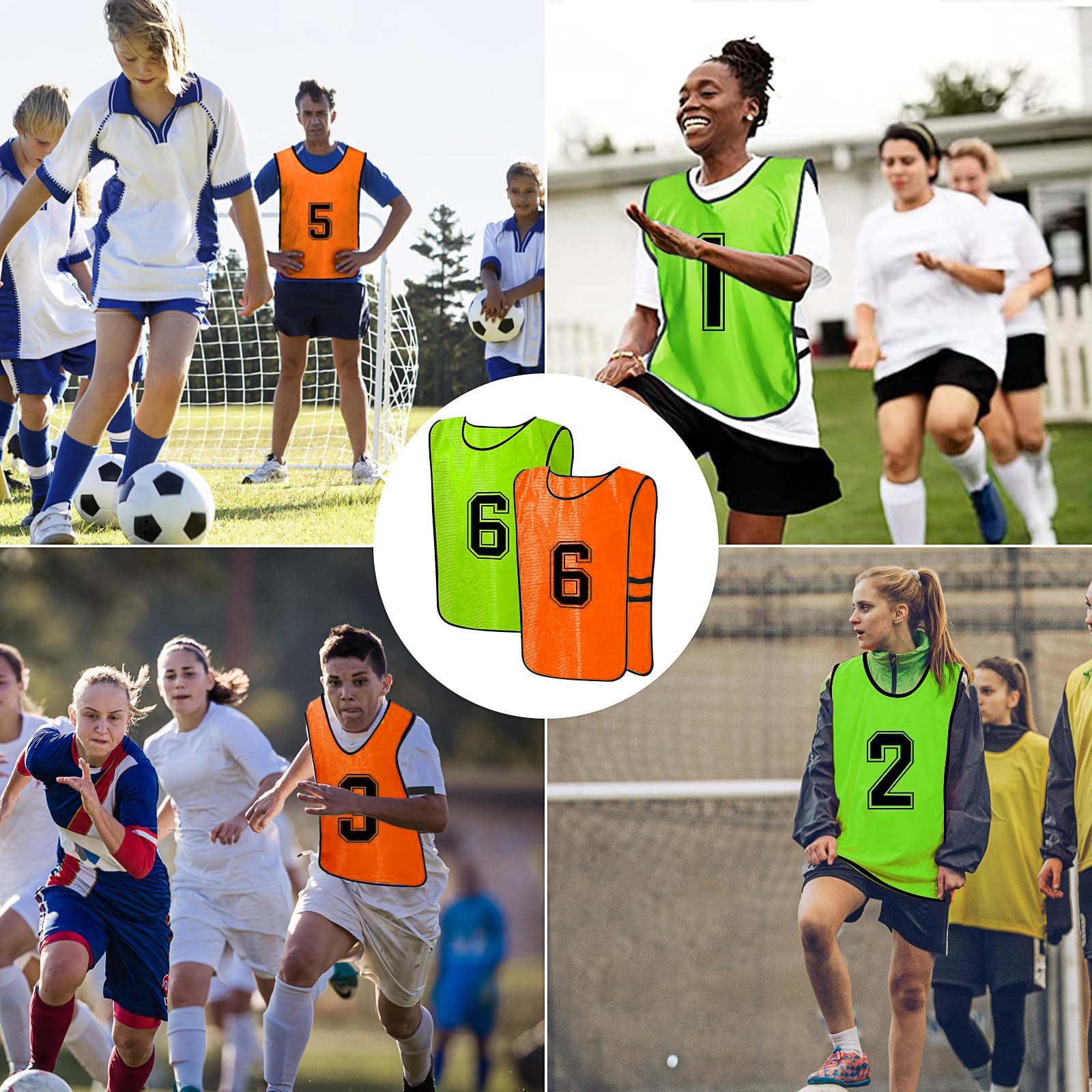 24 Pcs Reversible Scrimmage Vests for Soccer, Basketball & Football - Numbered Training Bibs/Pinnies for Team Sports Practice, Games & PE Classes