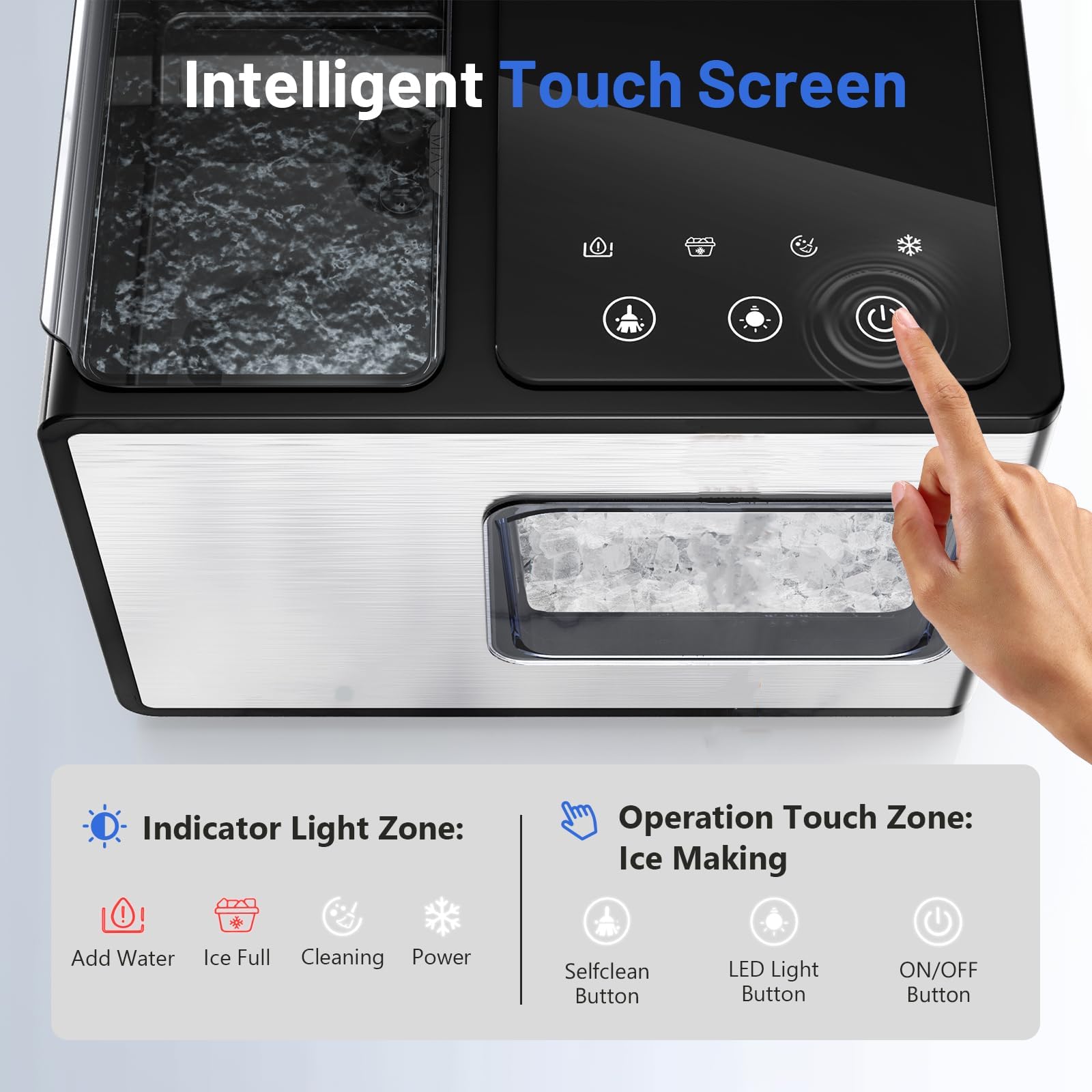40lbs/24H Countertop Nugget Ice Maker with Soft Chewable Pebble Ice - Self-Cleaning Sonic Ice Machine in Stainless Steel with Touch Screen - Compact Design for Home, Office, Bar & Party Use - Perfect for Cocktails, Beverages & Entertainment (Silver)