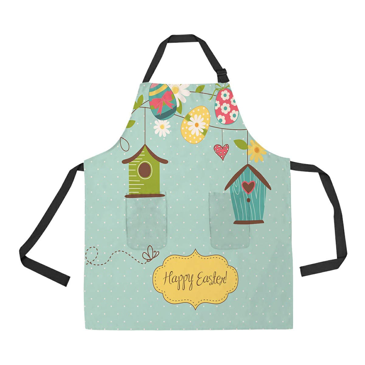 Beautiful Spring Bird Houses with Eggs & Flowers Design - Adjustable Bib Kitchen Apron with Pockets for Women & Men - Perfect for Cooking, Baking, Gardening & Outdoor BBQ