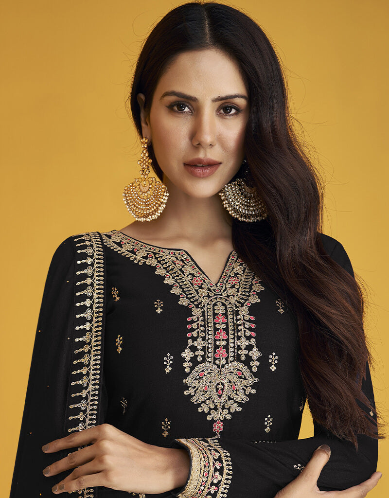 Elegant Black Fox Georgette Anarkali Salwar Suit for Women - Traditional Indian Party Wear for Weddings & Festivals