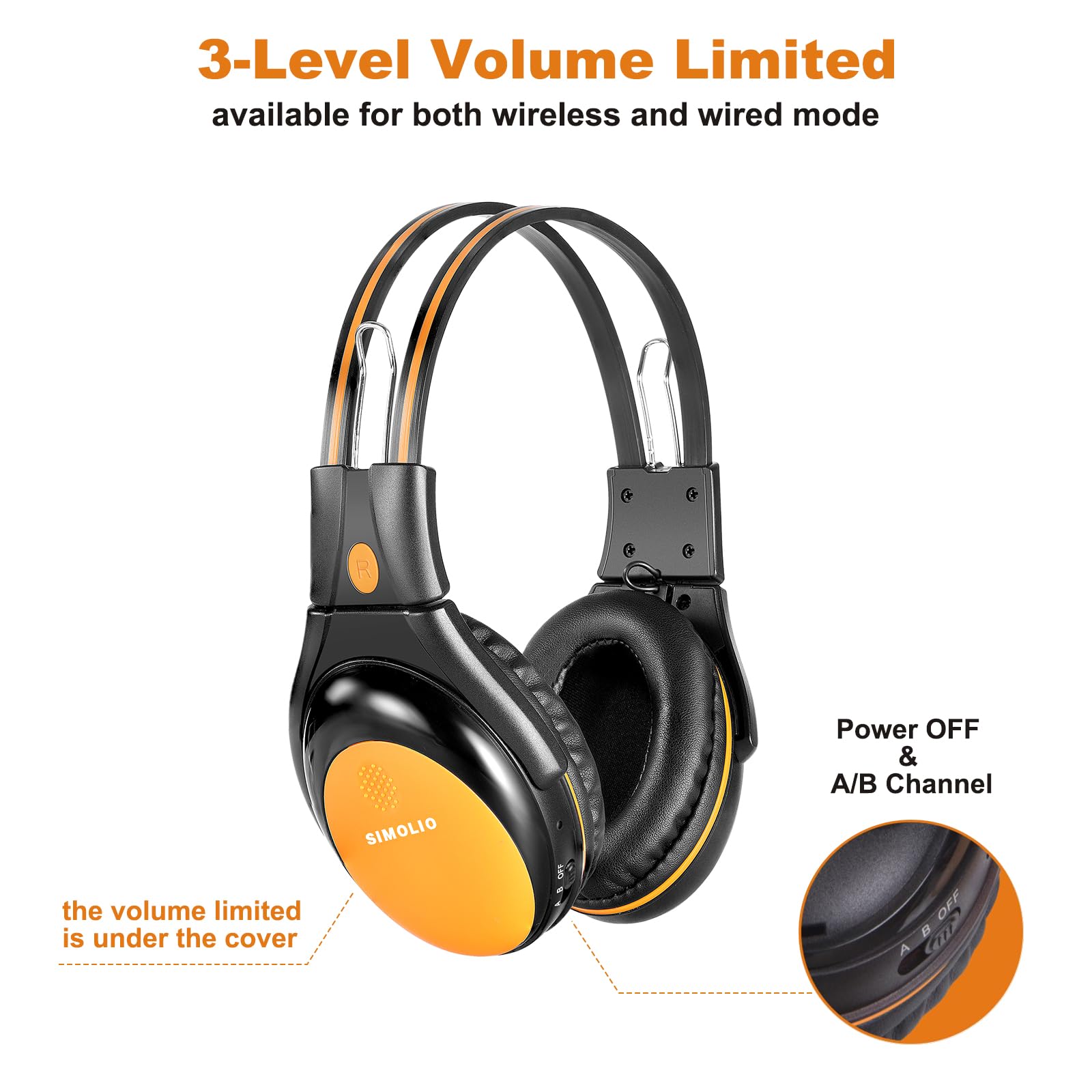 SIMOLIO 4 Pack Kids Headphones for Car - Adjustable 3-Level Volume Limiting, Wireless IR Headphones for DVD Players, 2 Channel Infrared Headsets for Vehicle Entertainment - Perfect for Road Trips & Family Travel