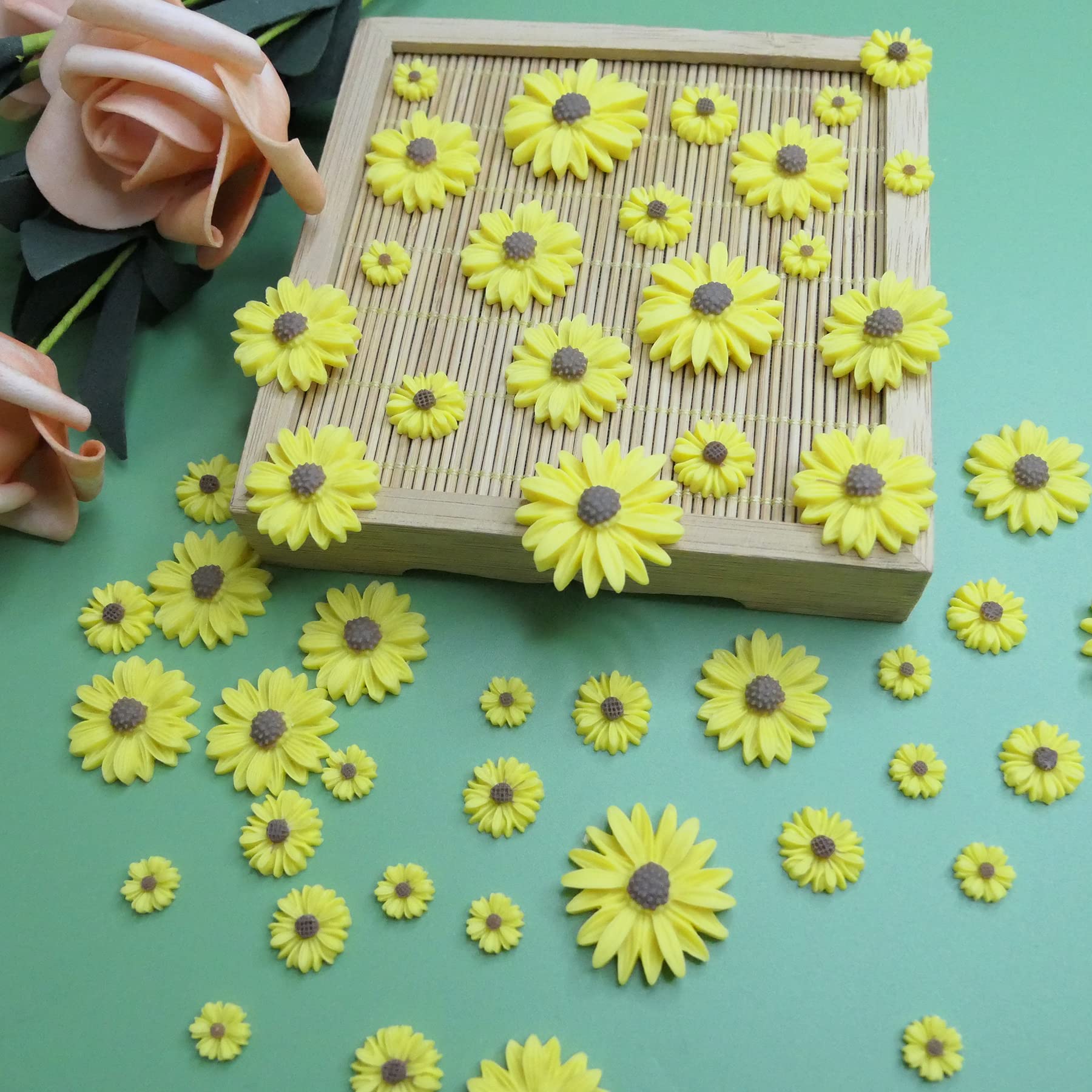 50 Pcs Small Flatback Yellow Resin Sunflower Decorations - DIY Daisy Flowers for Scrapbooking, Craft Projects & Party Decor - No Hole - Perfect for Home Decor, Wedding Centerpieces & Gift Wrapping