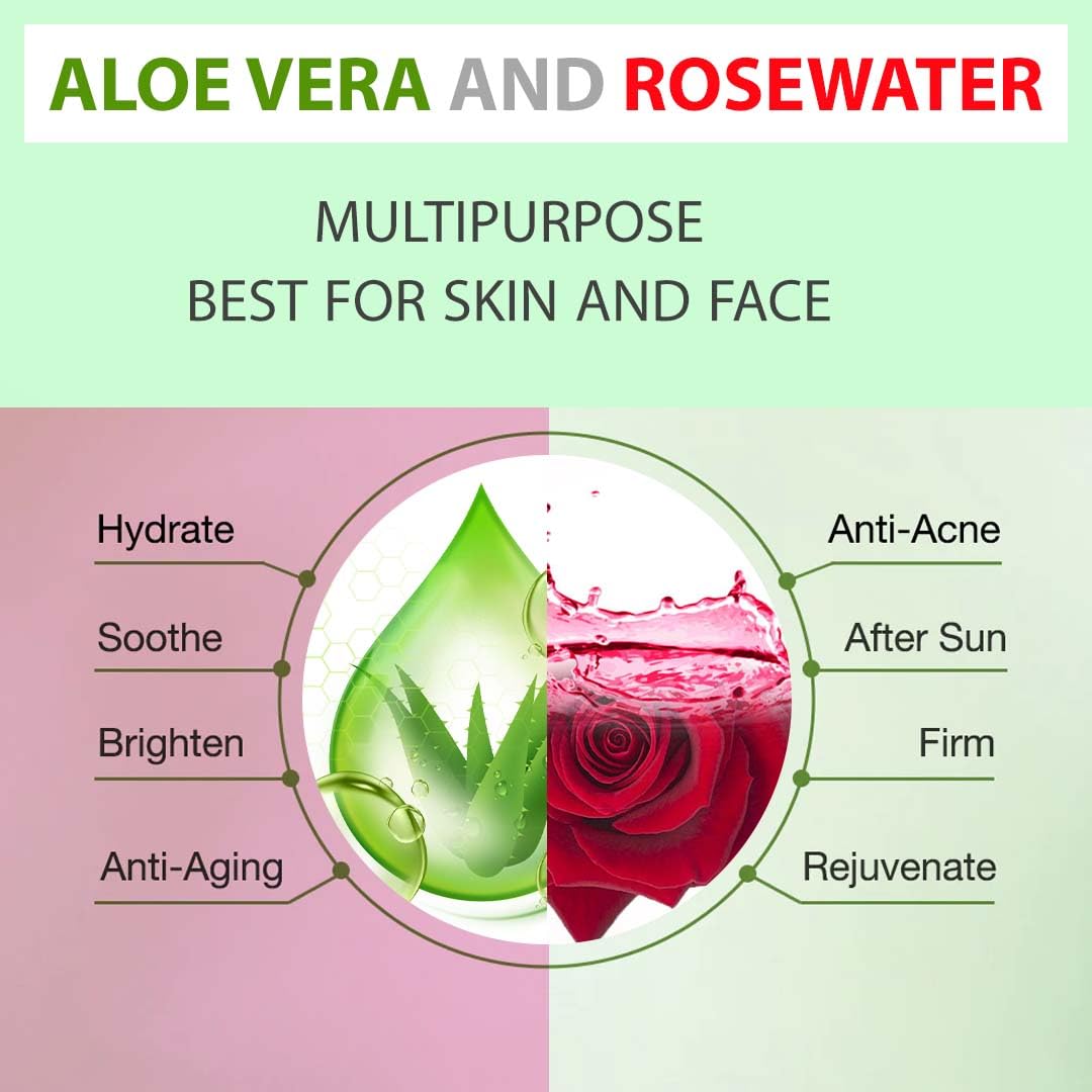 Organic Aloe Vera Gel & Rose Water Facial Toner 100ml - Hydrating, Cooling Face Mist with Natural Ingredients for Glowing Skin | Soothing Spray for Dry Skin, Sunburn Relief & Hair Care | Perfect for Daily Skincare, Travel & After-Sun Care