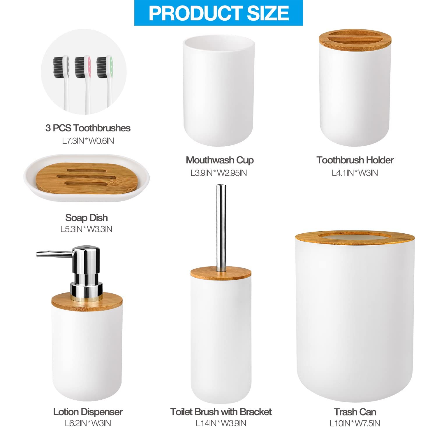 6-Piece Bamboo & Plastic Bathroom Accessories Set - Toothbrush Cup, Holder, Soap Dispenser, Dish, Toilet Brush with Holder & Trash Can + 3 Bonus Toothbrushes (White) | Modern Bathroom Organization for Homes, Apartments & Guest Bathrooms