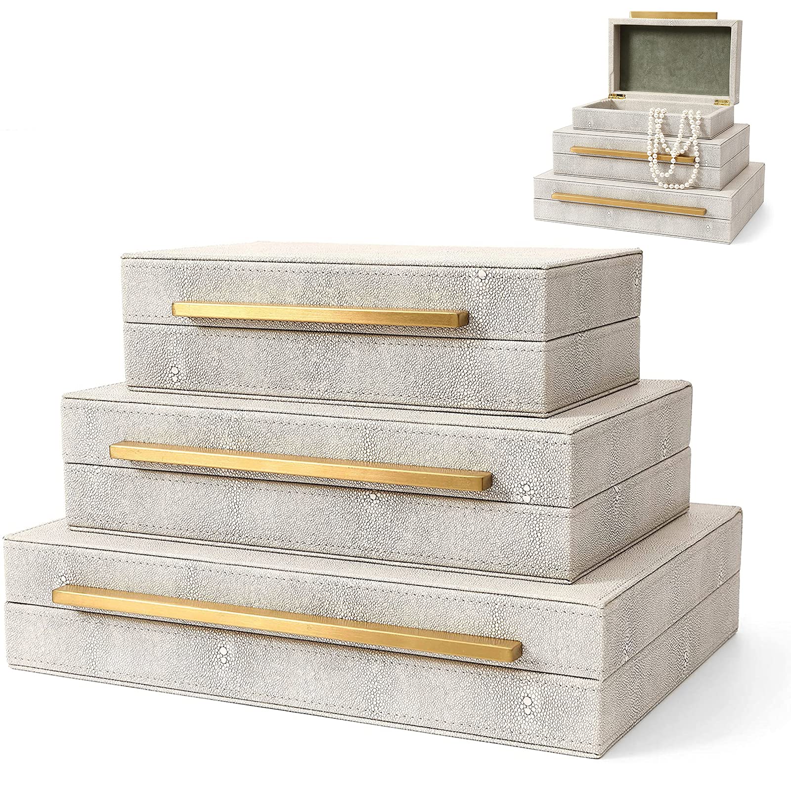DTKJ Shagreen Leather Jewelry Organizer Set - 3-Piece Decorative Storage Boxes for Dresser & Nightstand | Jewelry, Men's Accessories & Women's Cosmetics Organizer | Perfect for Bedroom, Bathroom & Vanity Organization