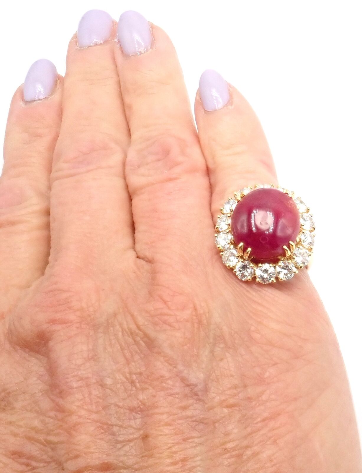 Authentic Van Cleef & Arpels 18k Yellow Gold Large Cabochon Ruby Diamond Ring for Women - Luxury Jewelry Gift for Anniversary, Engagement & Special Occasions