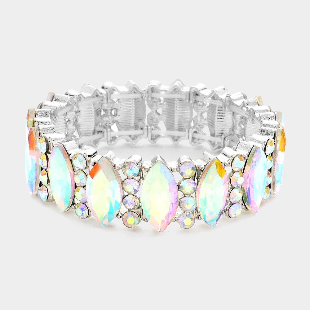 AB Marquise Stone Rhinestone Stretch Bracelet in Silver | Elegant Prom & Pageant Jewelry | Perfect for Dances, Weddings & Special Occasions | 574984