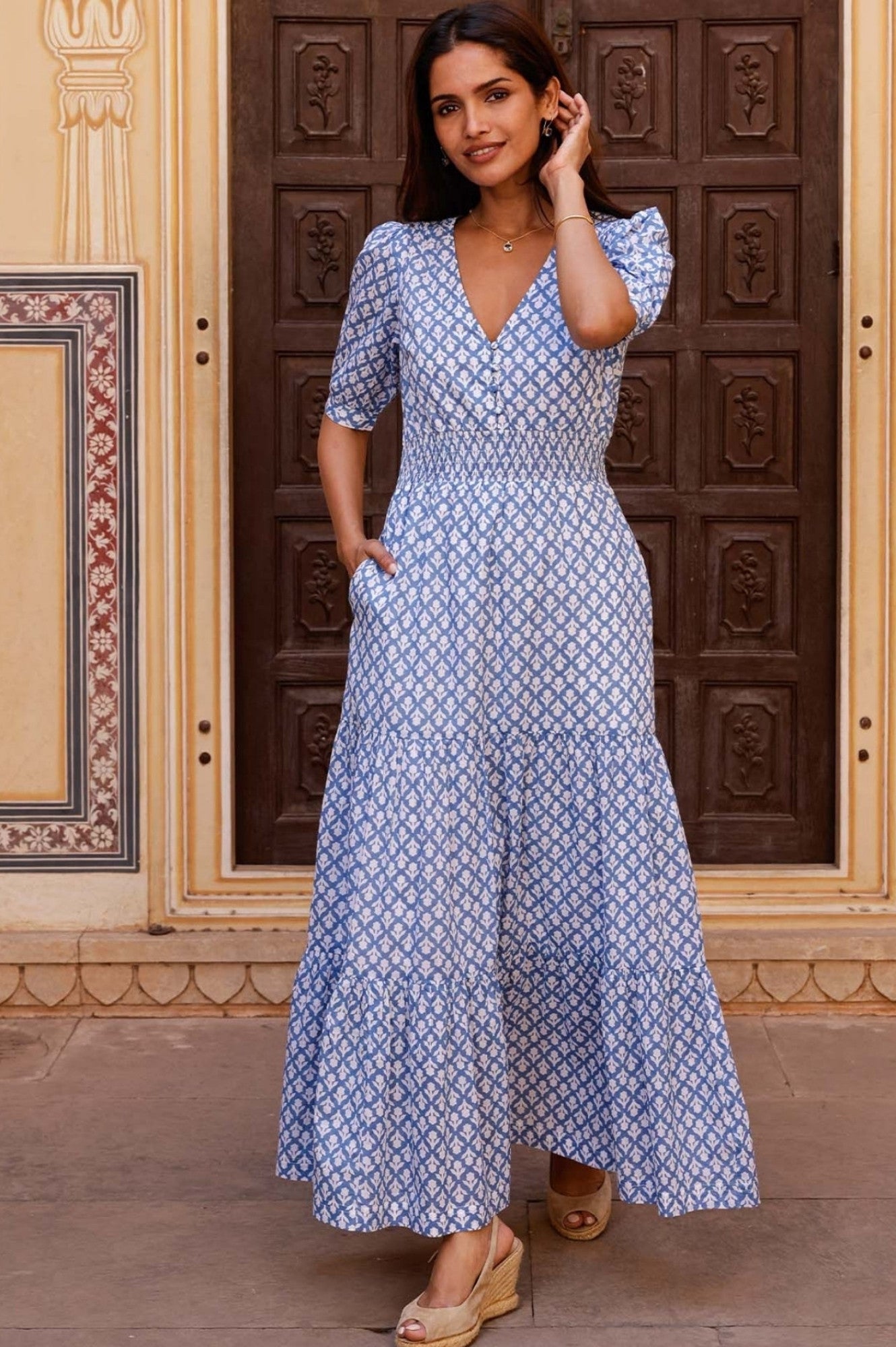 Billie Women's Short Sleeve Organic Cotton Floral Print Dress - Cornflower Blue & White | Casual Summer Dress for Beach, Picnic & Everyday Wear