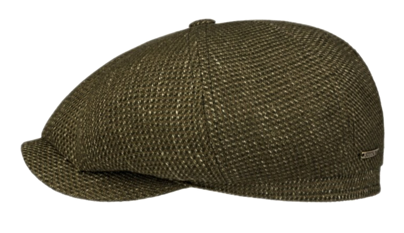 Stetson Hatteras Linen Cotton Baker Boy Cap - Olive Barleycorn Weave Flat Cap for Men | Summer Outdoor Hiking, Fishing & Casual Wear