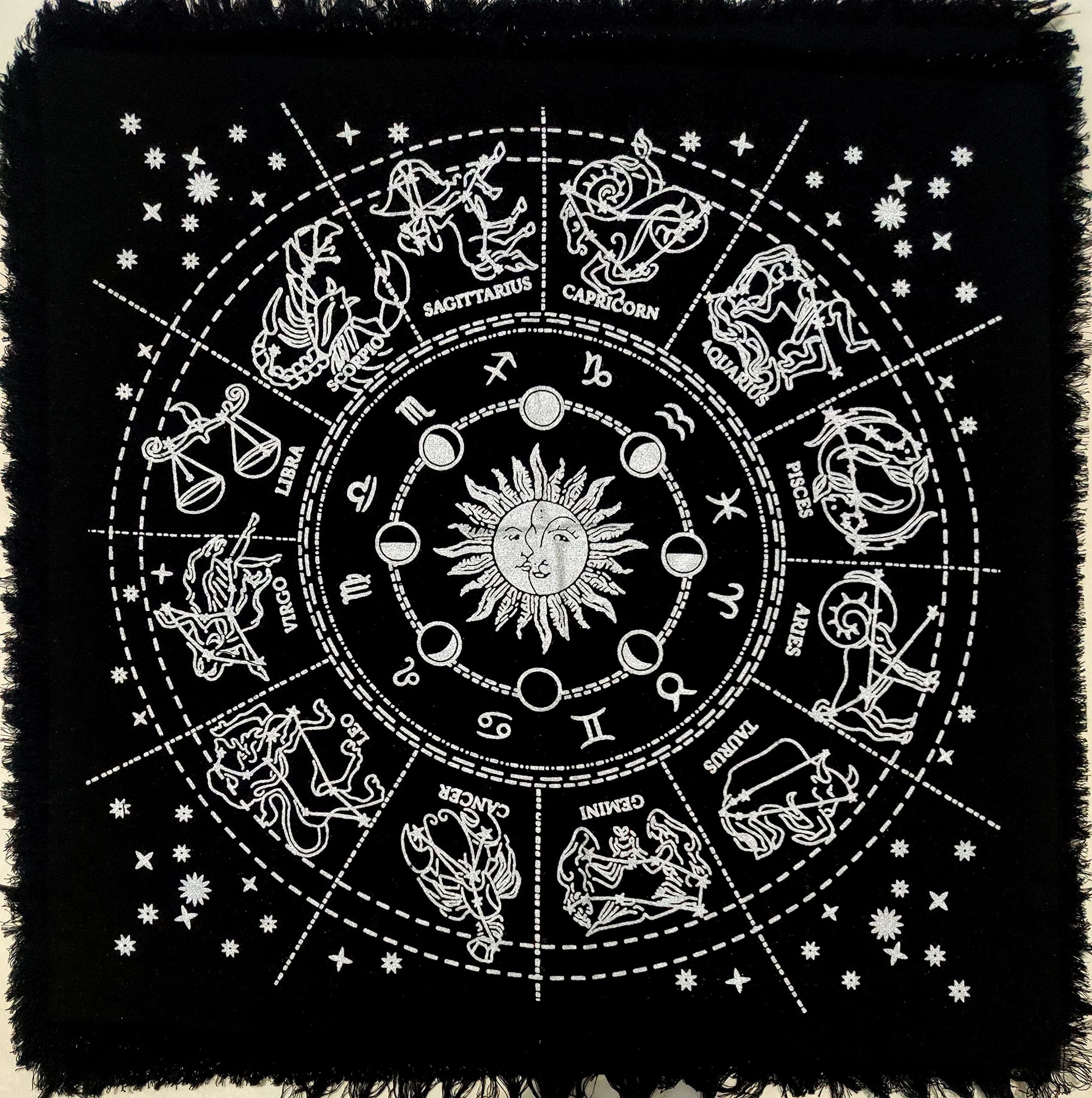 Premium 12 Constellation Altar Cloth - Sun, Moon & Stars Design for Witchcraft, Tarot, Wicca Rituals | 18x18 Inch Zodiac Silver Spiritual Cloth | Perfect for Meditation, Divination & Sacred Ceremonies