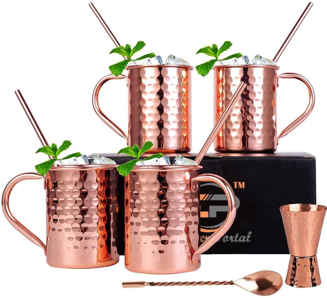 Premium 4-Piece Copper Moscow Mule Mug Set - Authentic Indian Hammered Design, 100% Food-Safe Pure Copper Cups with 4 Cocktail Straws & Stirring Spoon - Perfect for Cocktails, Gifts & Home Bar Decor