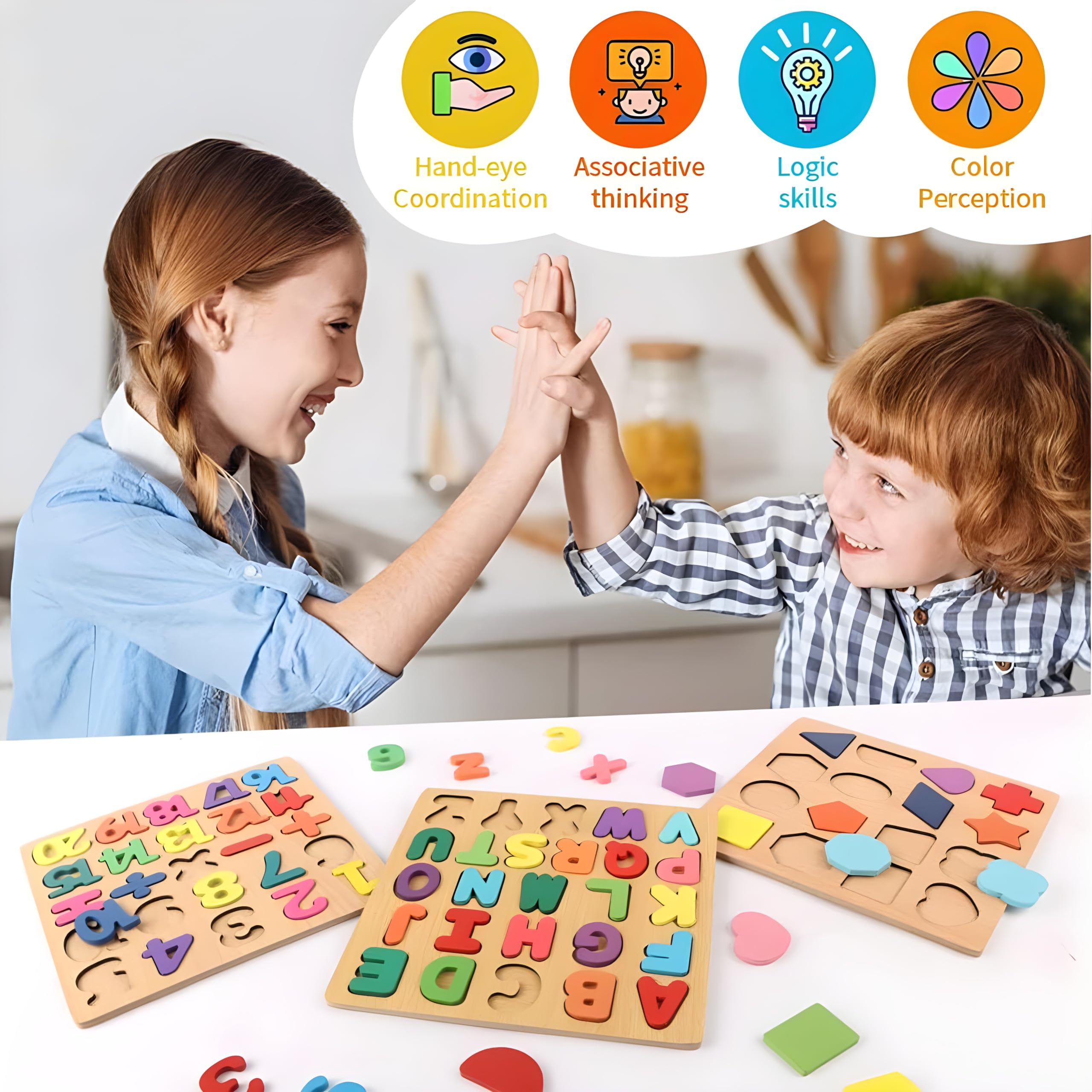 BONIRY Wooden ABC Alphabet, Number & Shape Puzzle Toys for Toddlers Ages 2-4 - Educational Learning Toys for Kids - Perfect Gift for Preschool Boys & Girls - Montessori Classroom & Homeschool Activities