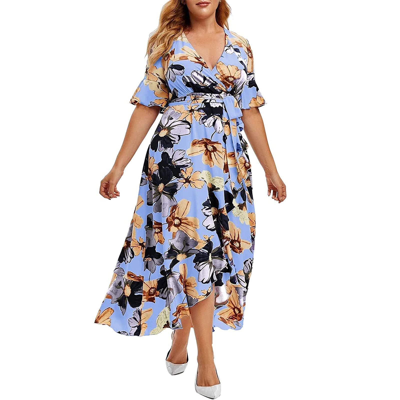 Plus Size Maxi Dress for Women - Asymmetrical Hem V-Neck Short Sleeve Floral Belted Long Dress in Blue | Wedding Guest, Beach Vacation, Summer Party Outfit