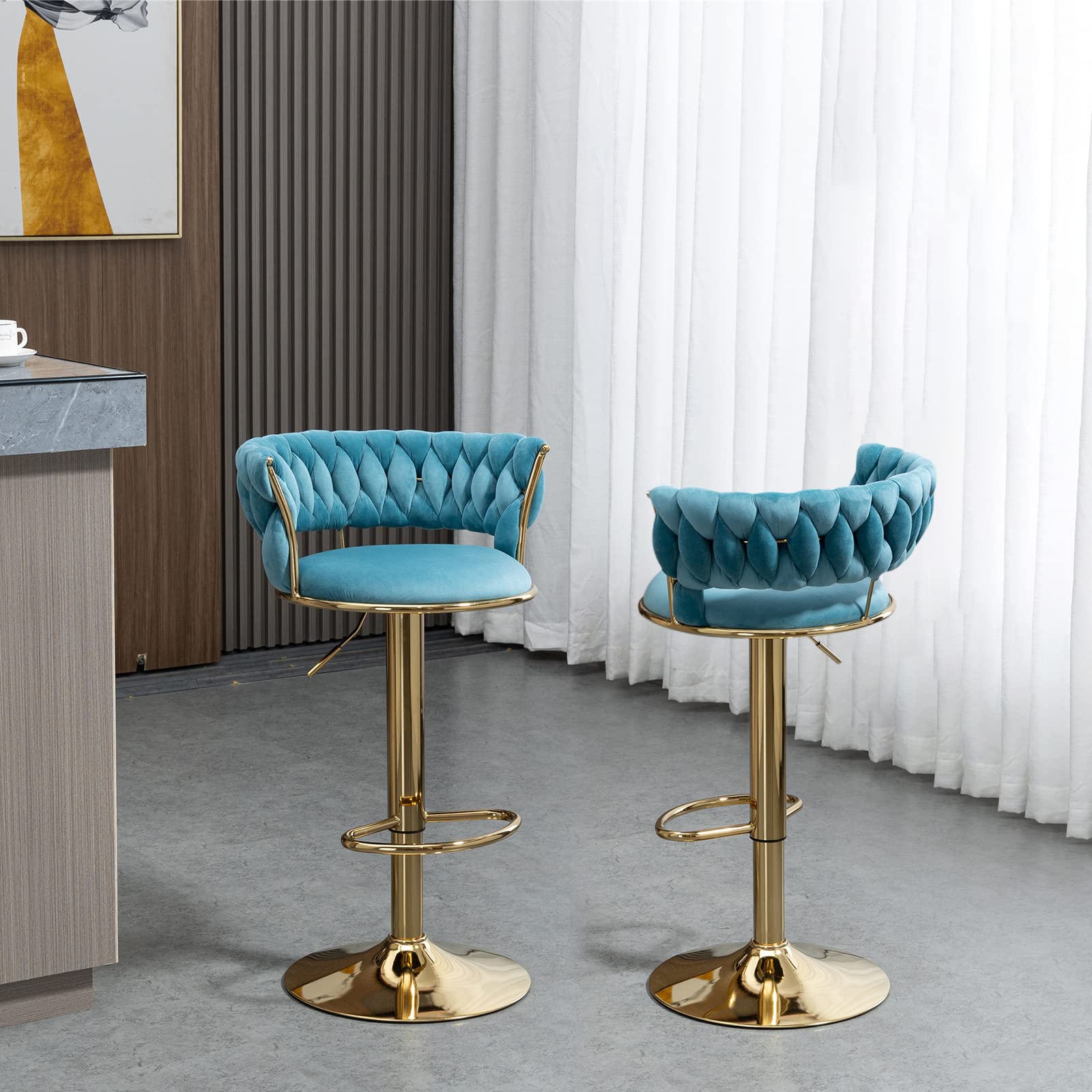 Modern Velvet Swivel Bar Stools with Back & Footrest - Adjustable Counter Height Bar Chairs Set of 2 for Kitchen, Dining Room, Bar - Cyber Celebrity Recommended Home Decor for Entertaining & Small Spaces