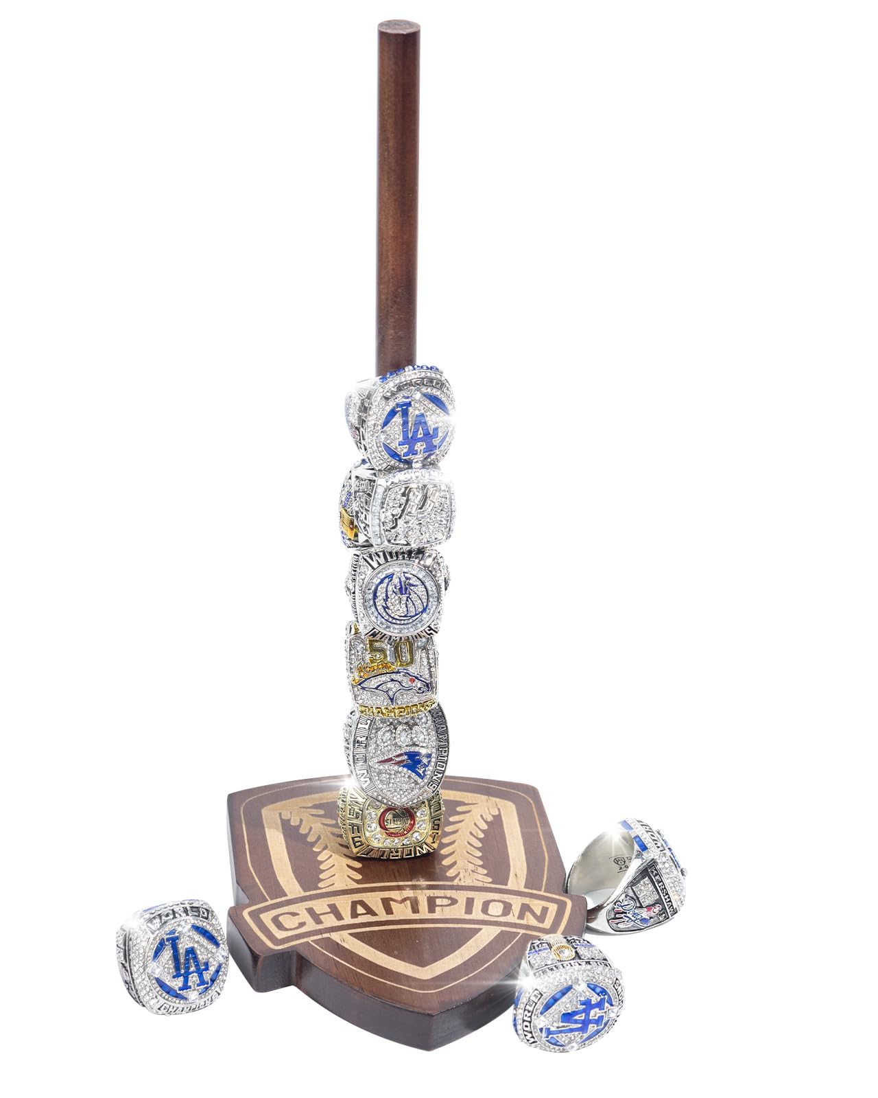 Championship Baseball Ring Holder - Wooden Display Stand for Softball & Sports Rings with Engraved Patterns - Perfect for Trophy Case, Memorabilia Display, or Gift for Athletes