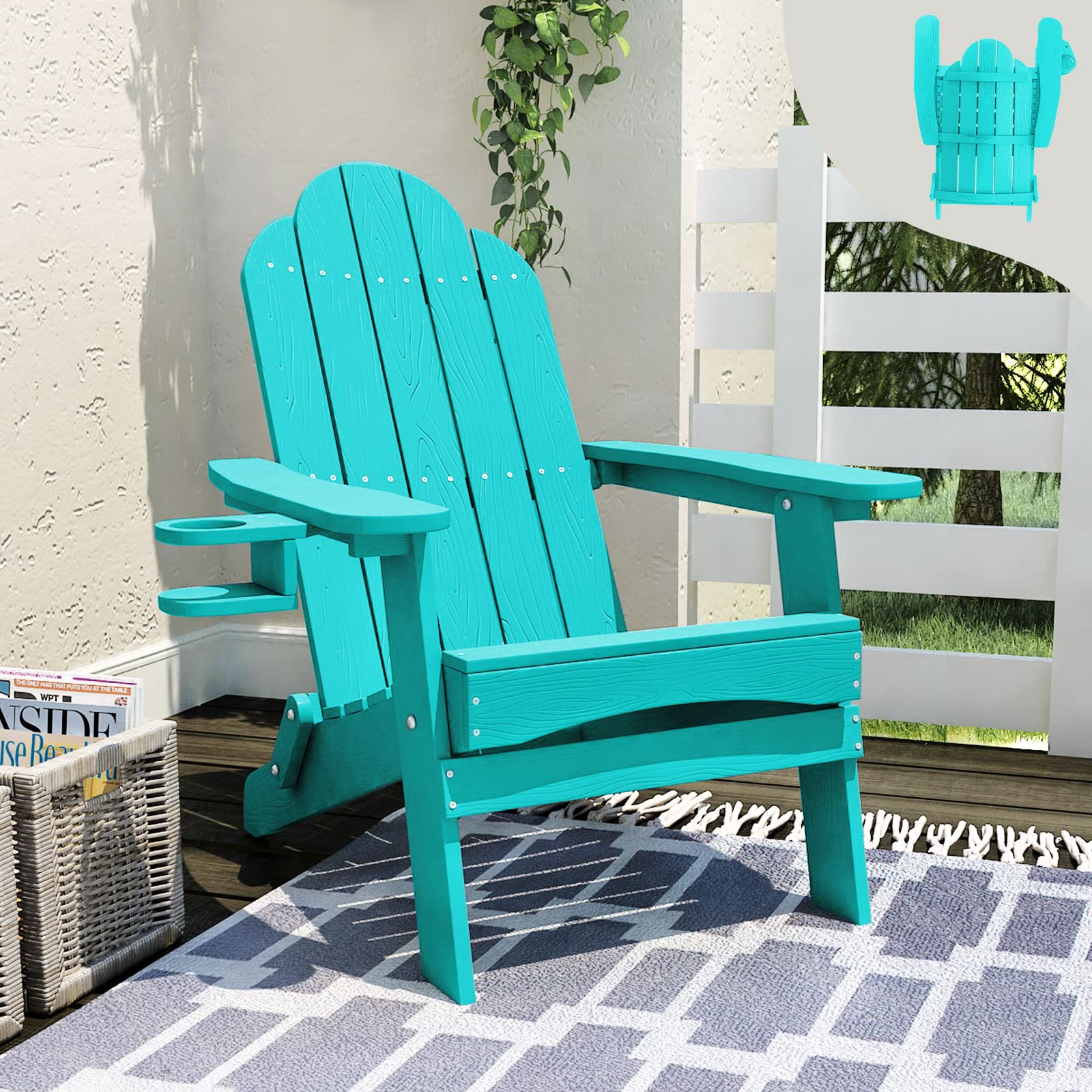 LUE BONA Folding Adirondack Chair - Weather-Resistant Plastic Patio Chair with Cup Holder, 300LBS Weight Capacity - Perfect for Poolside, Porch, Beach & Backyard Relaxation (Aruba Blue)