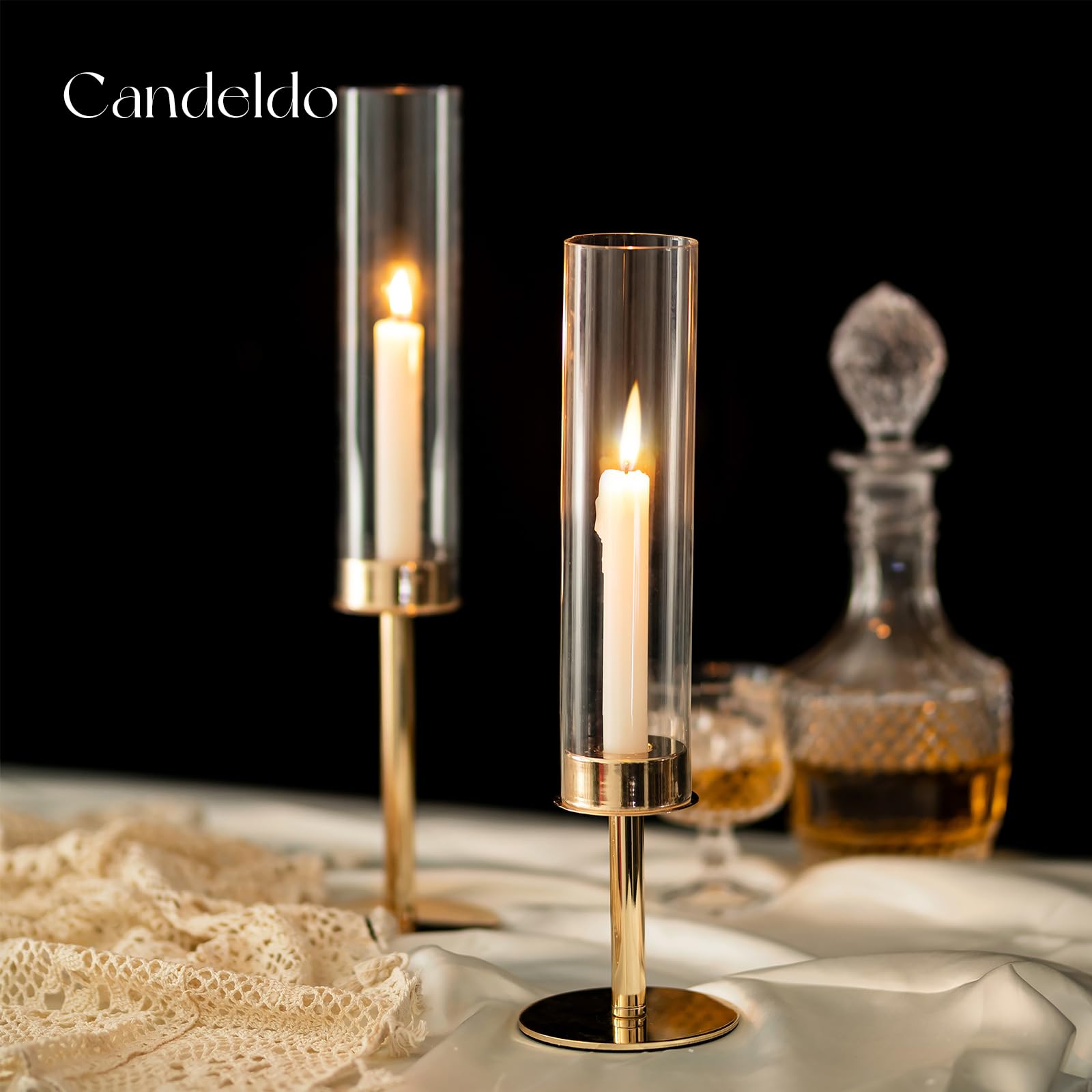 Gold Hurricane Glass Candle Holders Set of 3 - Elegant Taper Candle Stands for Weddings, Dining Tables & Christmas Decor - Perfect Centerpiece for Romantic Dinners, Holiday Parties & Home Decor