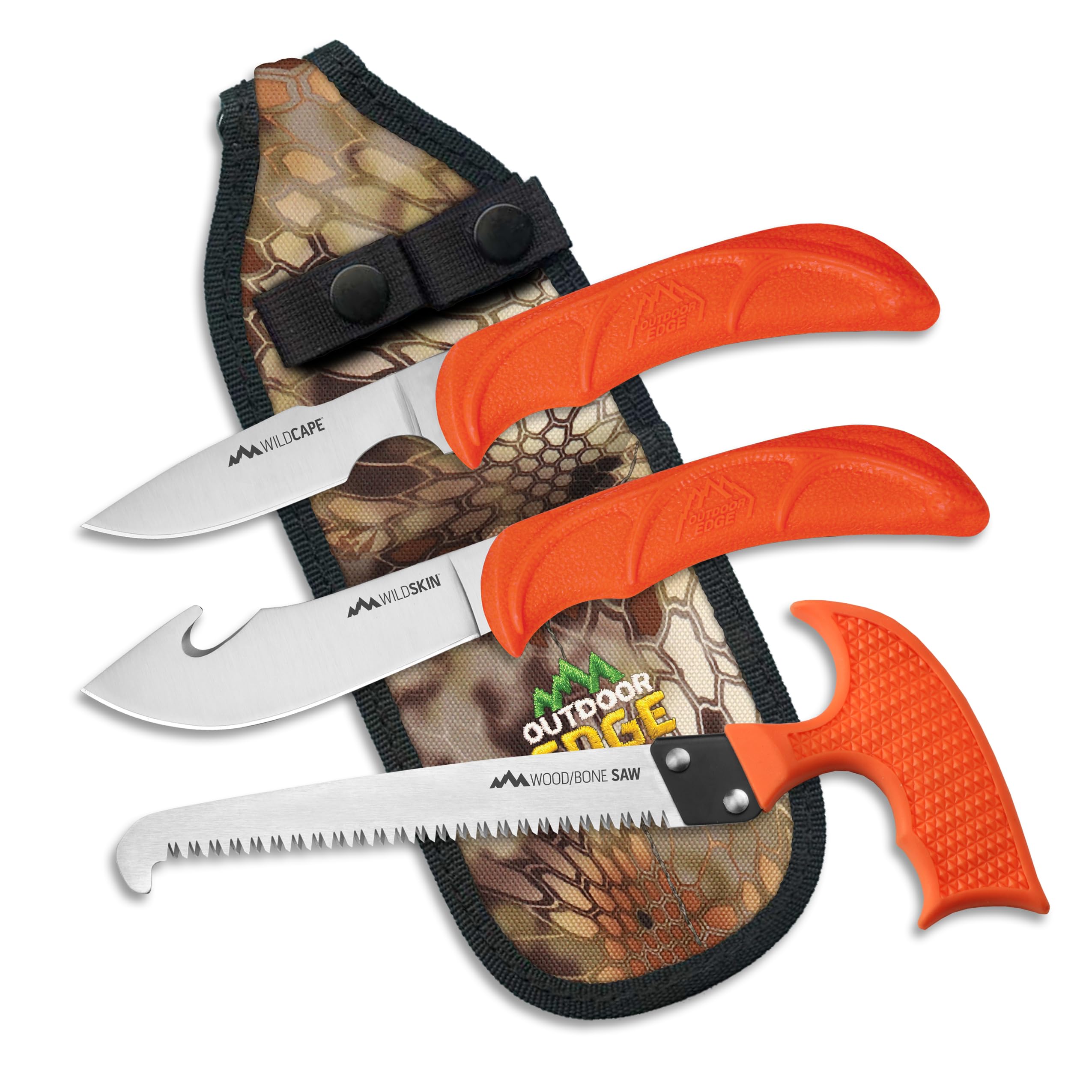 OUTDOOR EDGE WildGuide 4-Piece Hunting Knife Set & Field Dressing Kit | Razor-Sharp Caping Blade, Gut-Hook Skinning Knife, Bone Saw | Camo Nylon Belt Sheath | Butcher Knife Set for Deer, Elk, and Big Game Processing