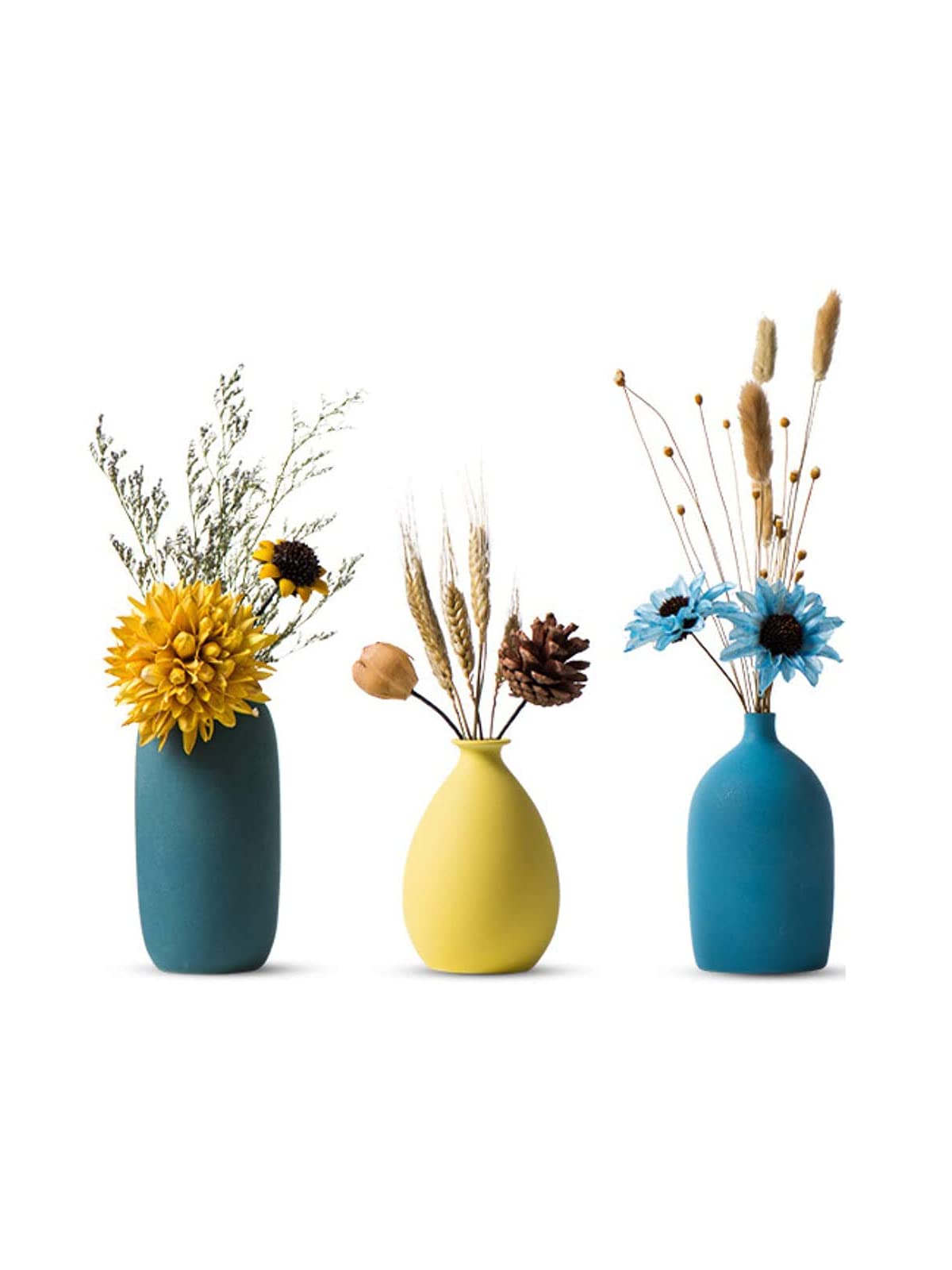 PEPAXON 3-Piece Ceramic Flower Vase Set - Minimalist Morandi Style Vases for Dried Flowers (Includes Dried Flowers) - Perfect for Home Decor, Wedding Centerpieces & Boho Room Styling