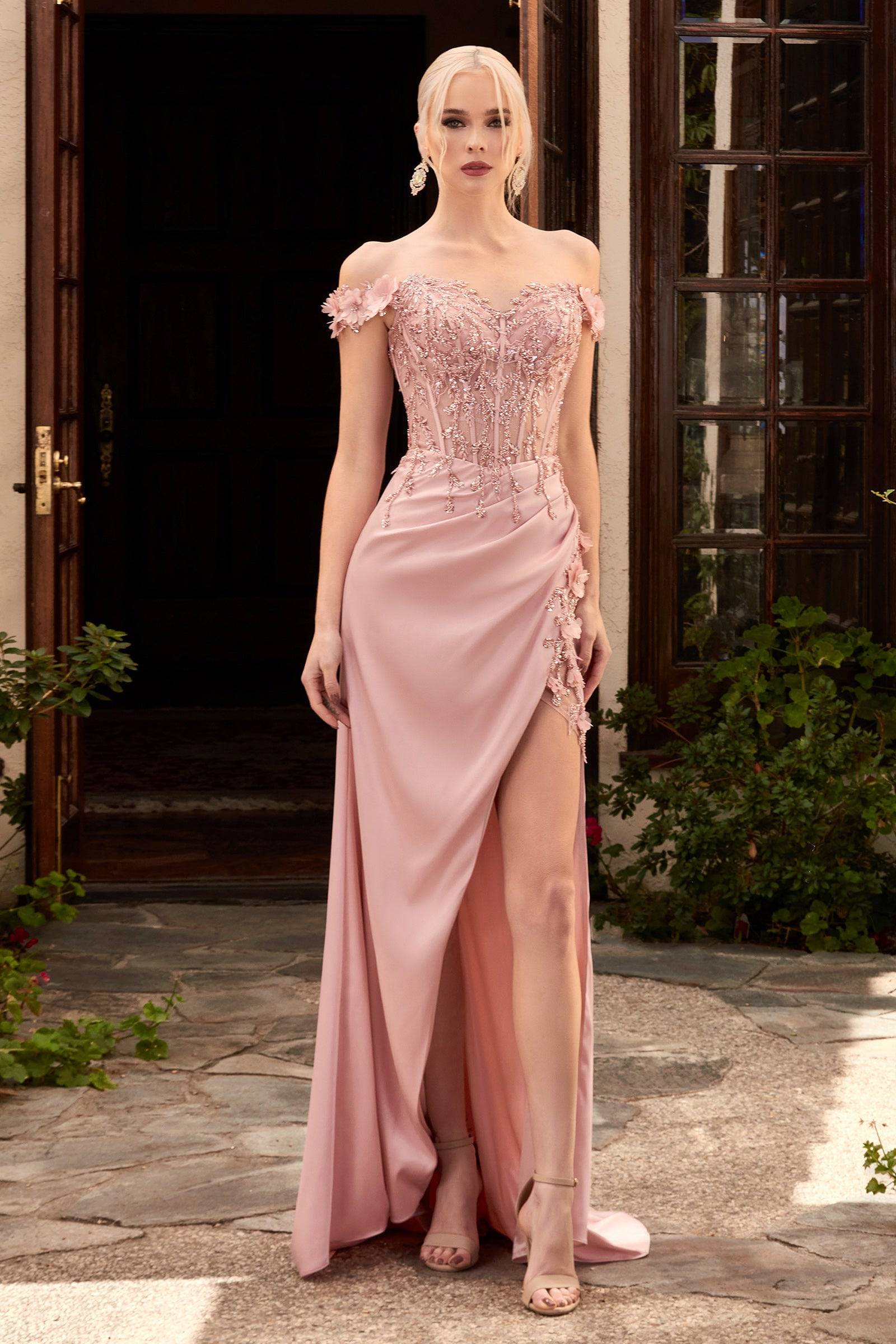 Cinderella Divine CD0186 Off Shoulder Corset Slit Leg Dress - Elegant Evening Gown for Prom, Party & Special Occasions