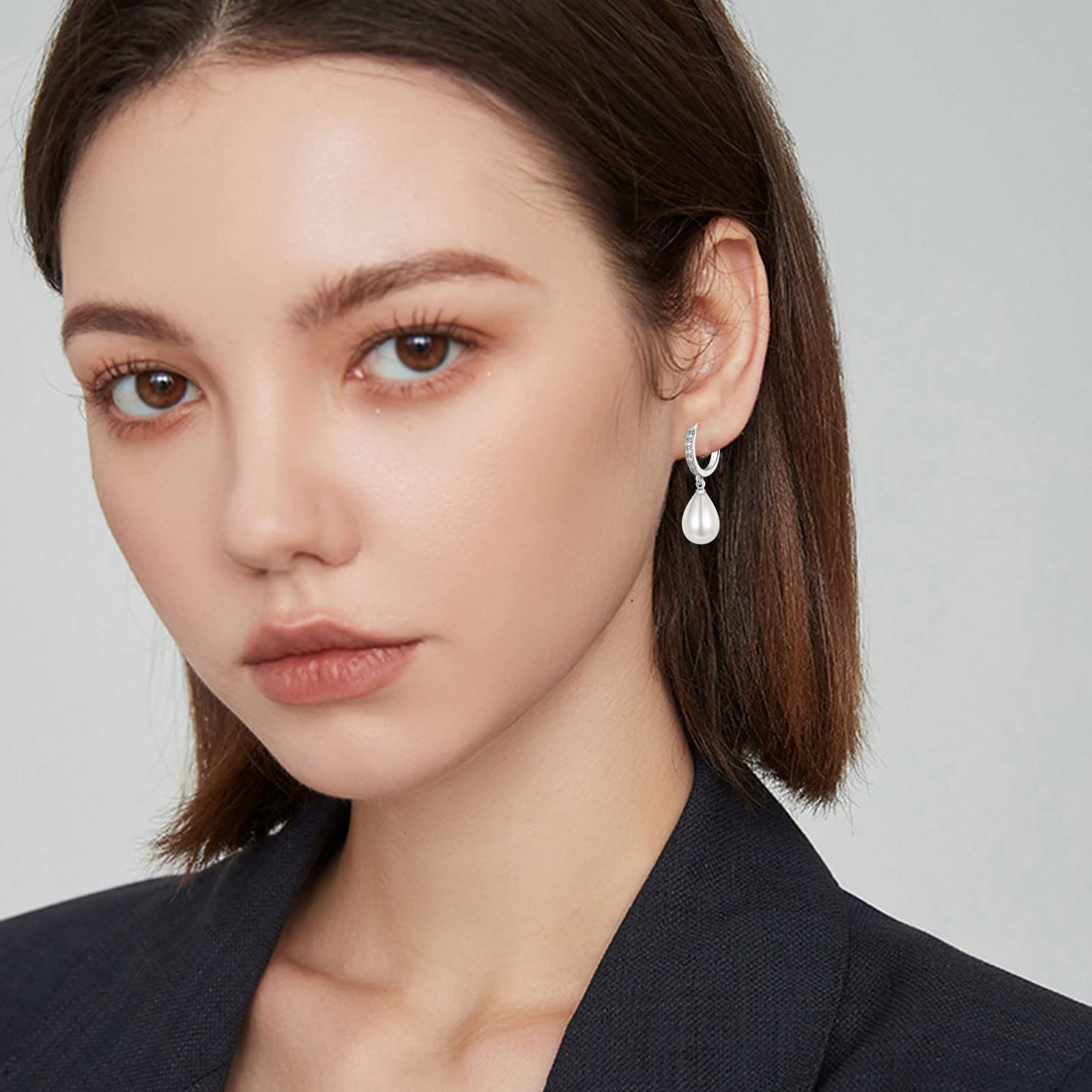 925 Sterling Silver Pearl Drop Hoop Earrings for Women | Hypoallergenic Teardrop Round Pearl Dangle Earrings with AAA+ Cubic Zirconias | Elegant Jewelry Gift for Birthday, Wedding & Special Occasions | Perfect for Office, Party & Date Night