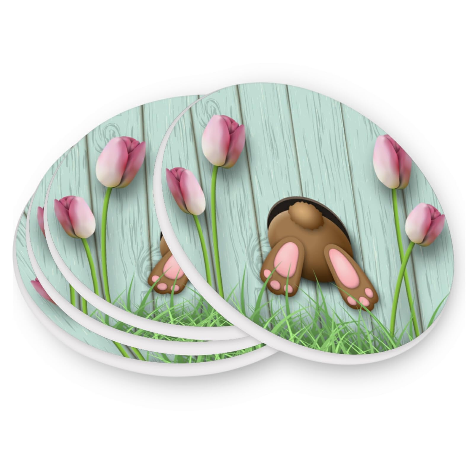 Easter Bunny Drink Coasters Set of 4 - Absorbent Round Coasters for Holiday Parties, Easter Decorations & Spring Celebrations - Perfect for Coffee Cups, Wine Glasses and Beverage Protection