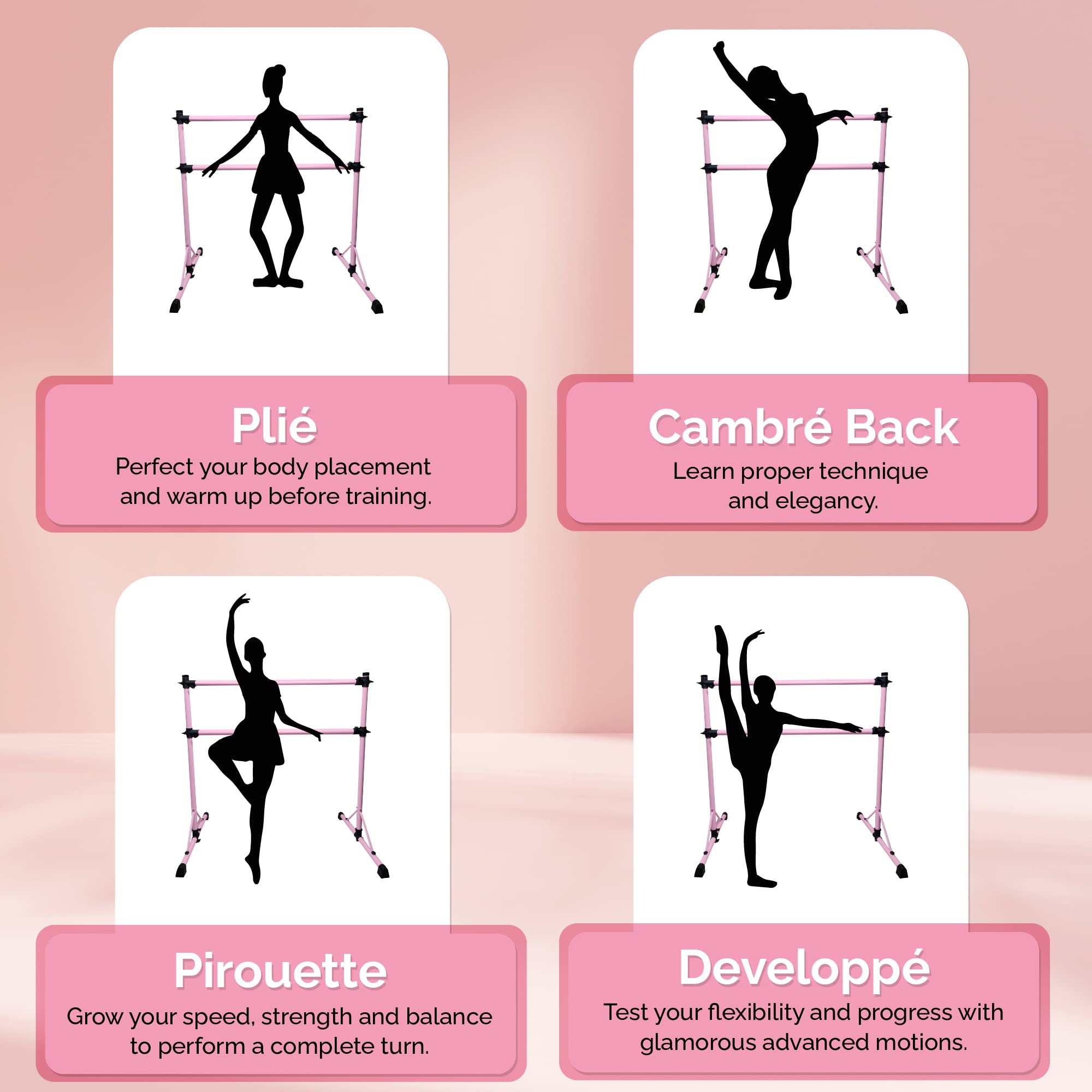4 Ft Adjustable Steel Double Ballet Barre with Carry Bag & Beginner Guide - Portable Anti-Wobble Dance Bar for Home, Gym, Studio Practice | Perfect for Ballet Training, Stretching & Dance Exercises