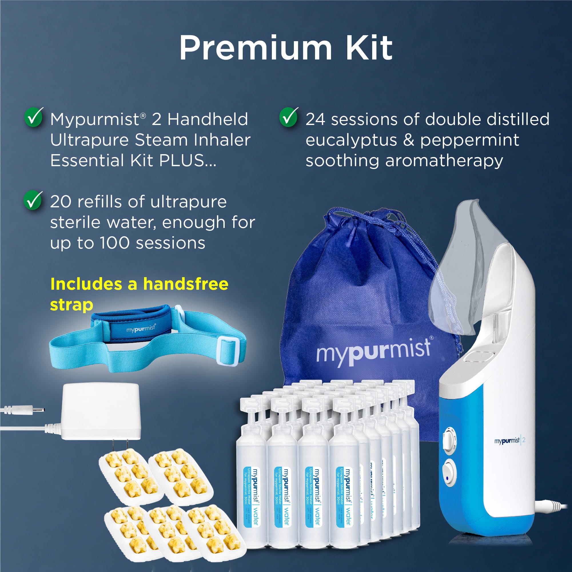Mypurmist Ultrapure Plug-in Steam Inhaler - Handheld Vaporizer & Humidifier for Sinus Relief, Nasal Congestion, Cold & Cough - Perfect for Singers' Vocal Care & Home Respiratory Therapy (Premium Kit)