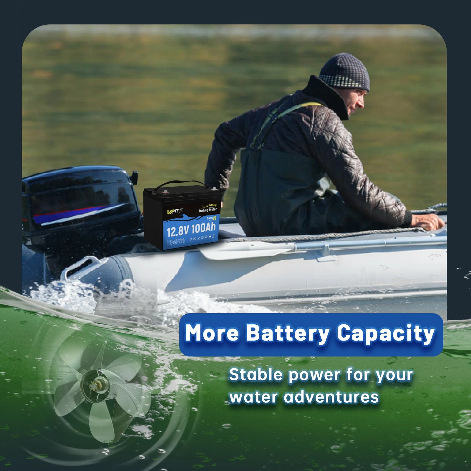 24V 100Ah LiFePO4 Deep Cycle Battery for Trolling Motors - Rechargeable Lithium Iron Phosphate Marine Battery with Built-in BMS - Perfect for Kayak Fishing, Boat Trolling, and RV Power Supply