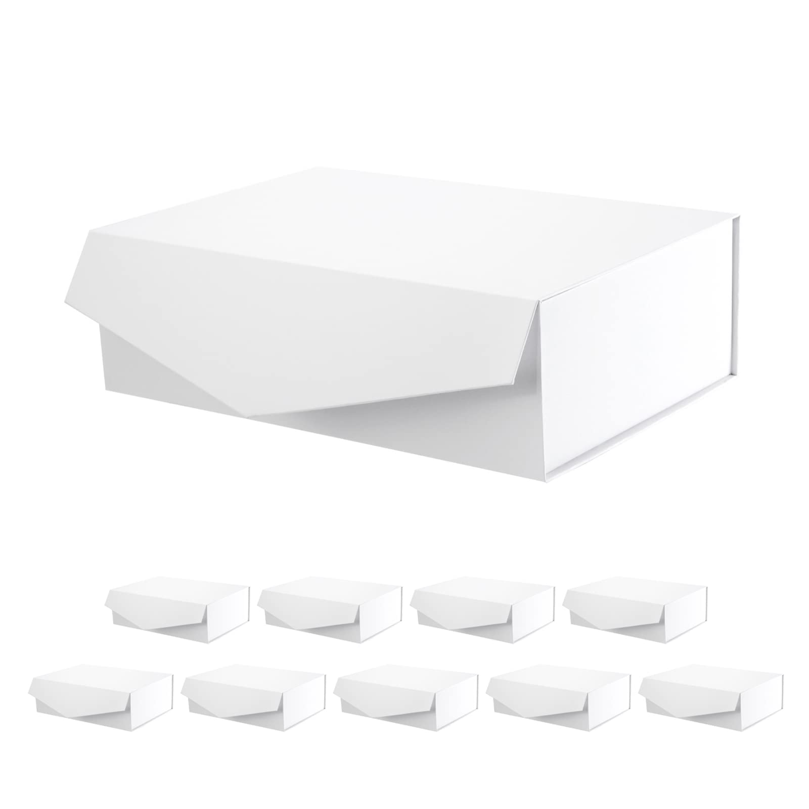 PACKQUEEN 10-Pack 13.5x9x4.1 Inch Large White Gift Boxes with Lids & Magnetic Closure - Sturdy Storage Boxes for Bridesmaid Proposals, Wedding Favors, Jewelry Packaging & Gift Wrapping (Matte White)