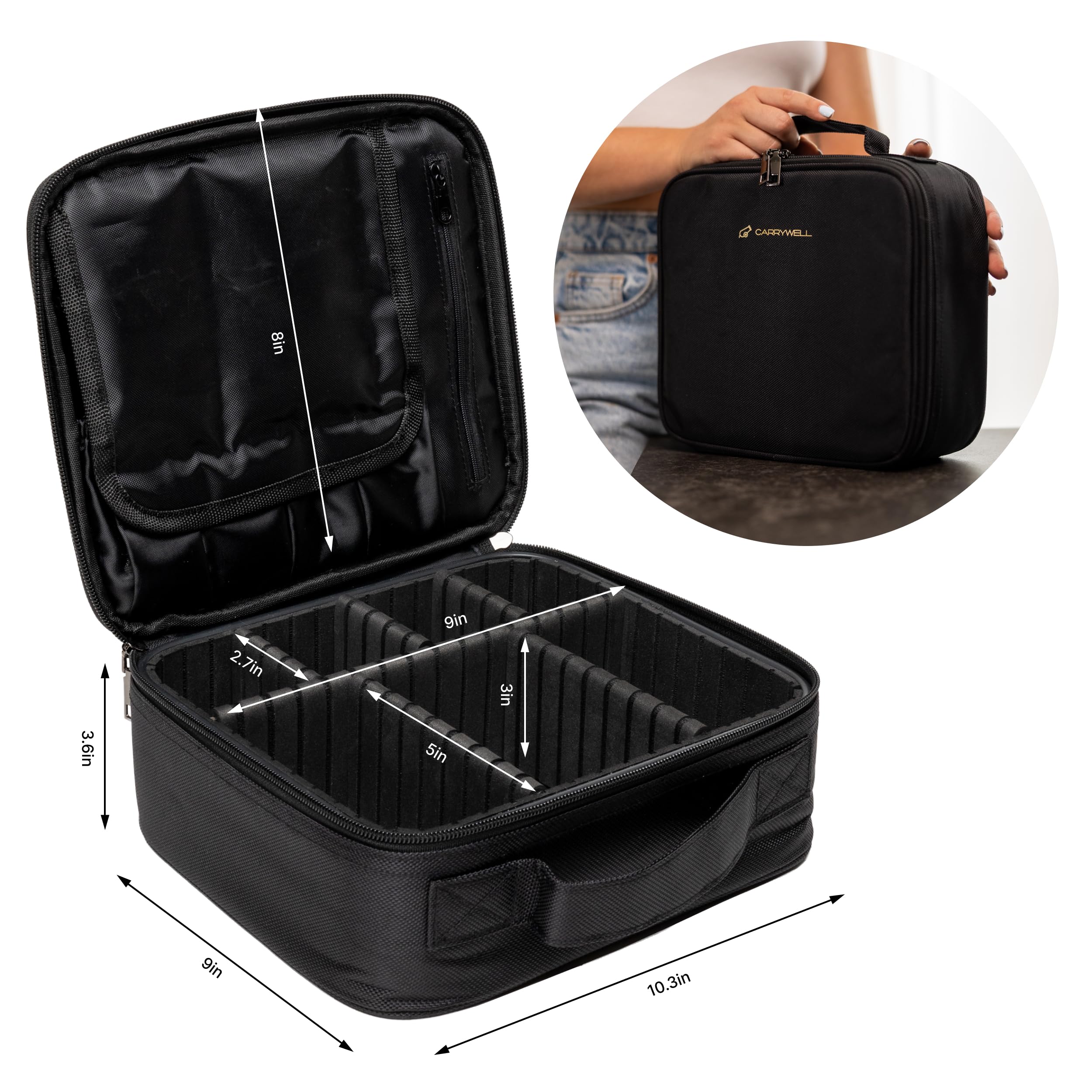 Travel Makeup Train Case Organizer - Adjustable Dividers for Cosmetics & Jewelry - Perfect for Travel & Storage (Black)