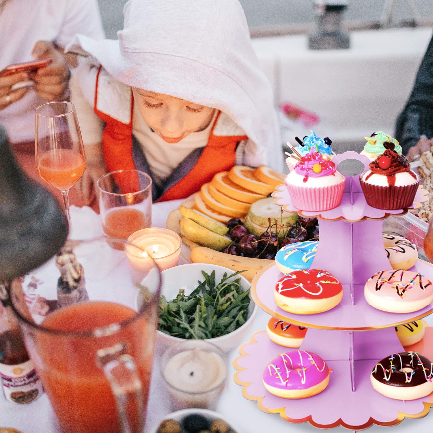 3-Tier Cupcake Stand Set - Purple Cardboard Dessert Display Tower for Mini Cakes, Cookies & Candy Buffet | Perfect for Birthday Parties, Baby Showers & Wedding Receptions