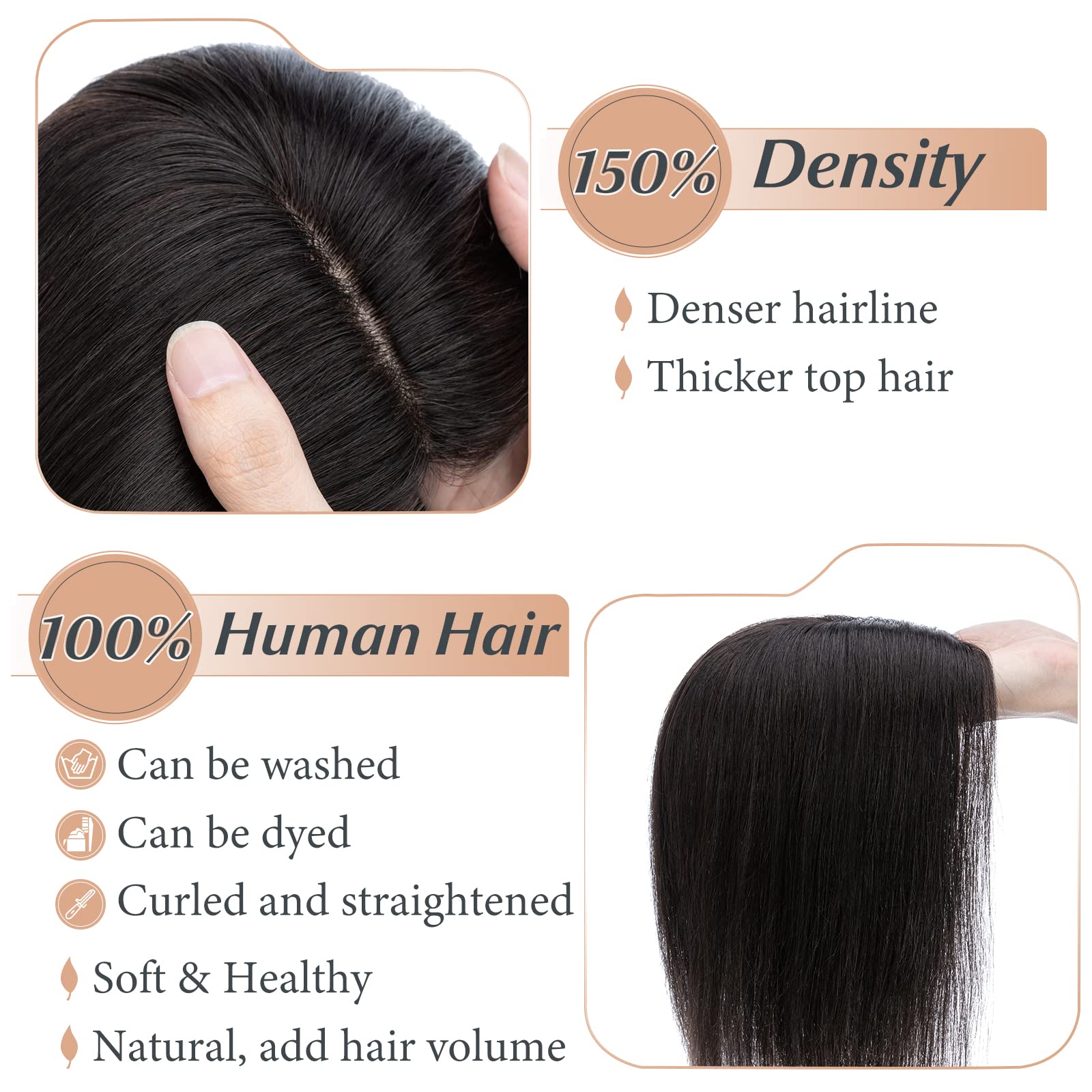 12 Inch Human Hair Clip-in Hair Toppers for Thinning Hair - Straight Natural Black #1B Hair Extensions for Women - Perfect for Hair Loss, Gray Coverage & Daily Styling
